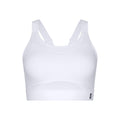 Women's On Performance Bra White product view showing medium support construction with breathable mesh racerback and On DryTec moisture-wicking fabric