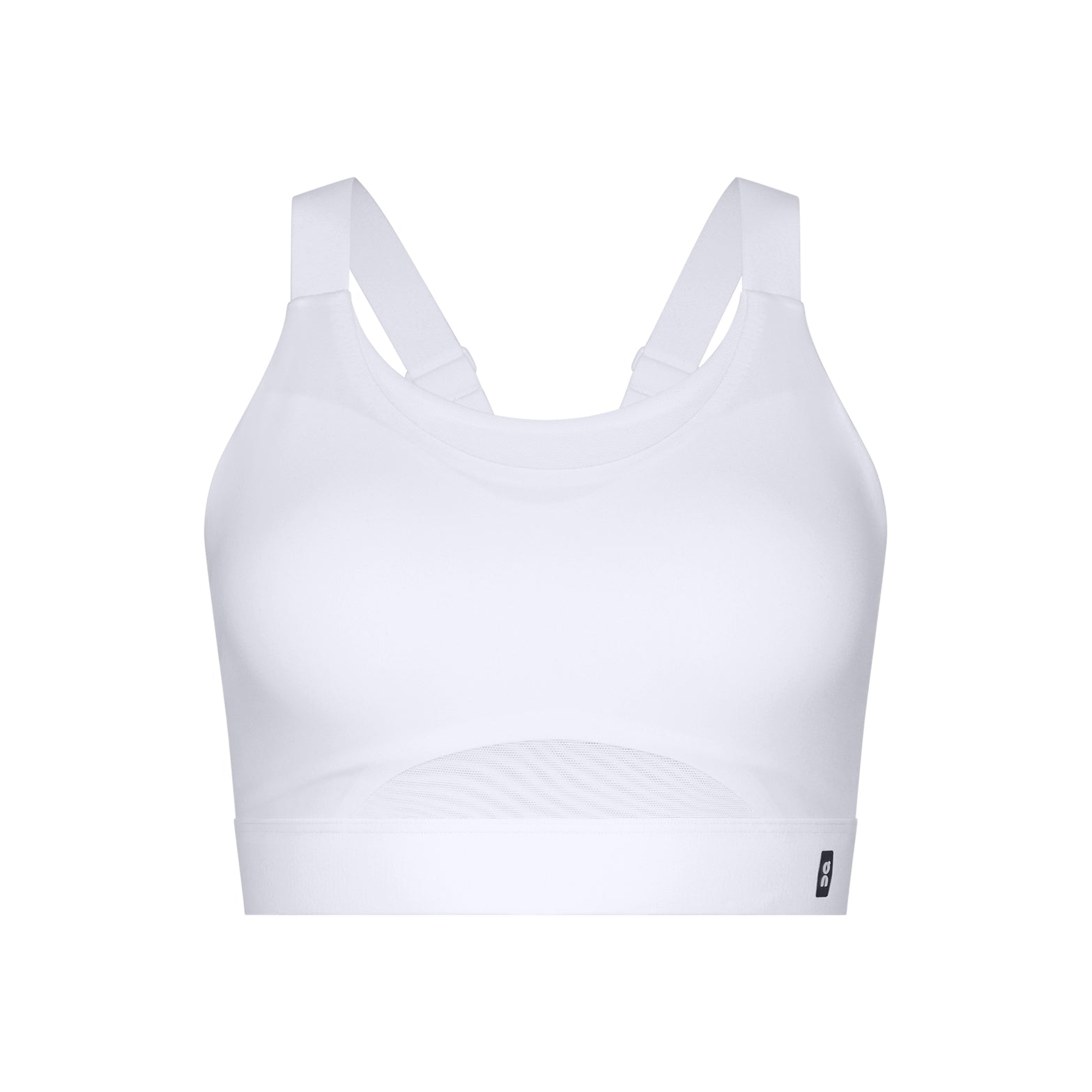 Women's On Performance Bra White product view showing medium support construction with breathable mesh racerback and On DryTec moisture-wicking fabric