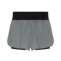 Women's On Performance Volt Shorts Glacier product view showing dual-layer construction with windproof water-repellent iridescent outer and supportive inner tights
