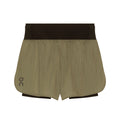Women's On Performance Volt Shorts Safari product view showing dual-layer construction with windproof water-repellent iridescent outer and supportive inner tights