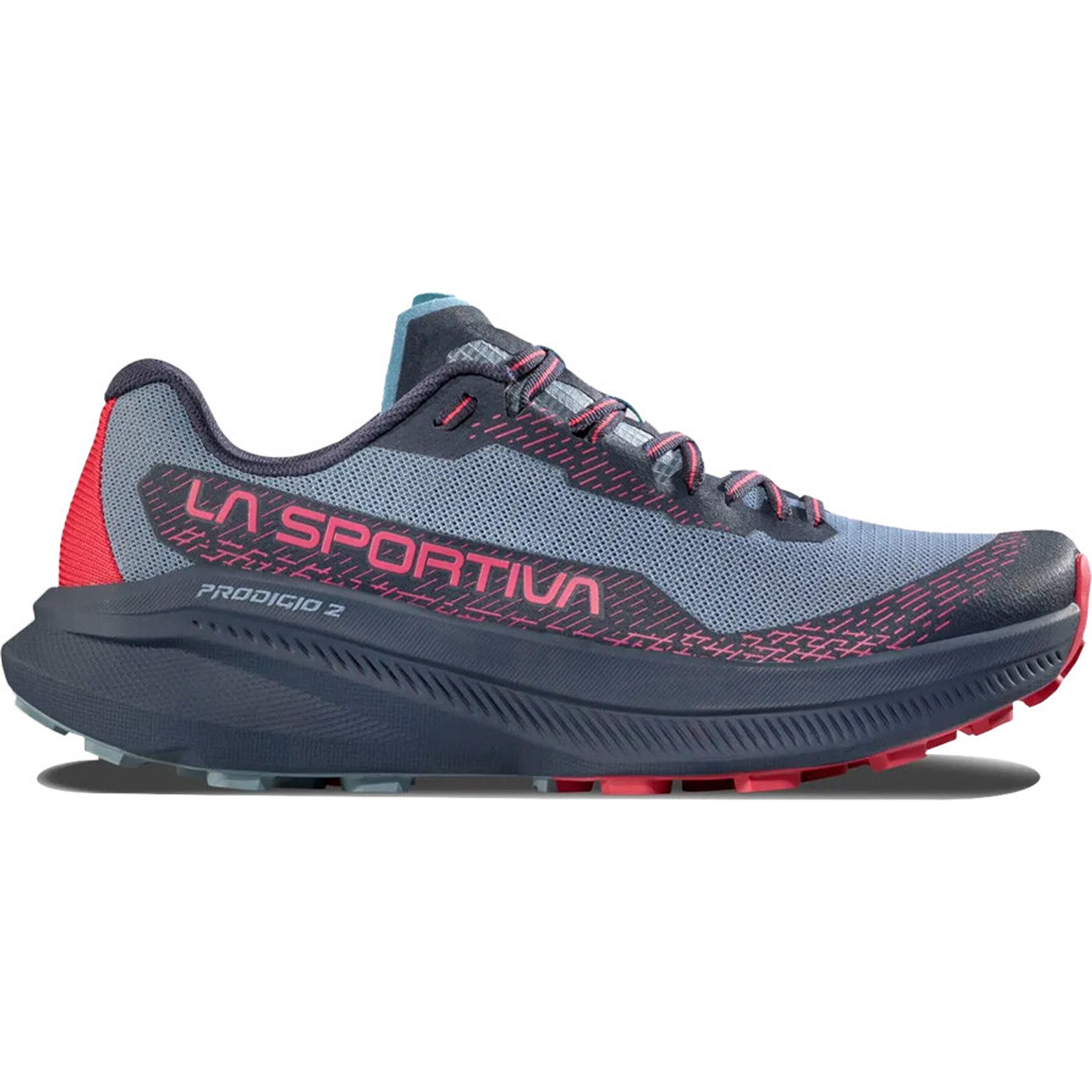 La Sportiva Prodigio 2 women's trail running shoe in Limestone / Azalea — outer view showing limestone breathable high-tenacity 3D mesh upper with azalea accent detailing and nitrogen-injected XFlow™ foam midsole profile