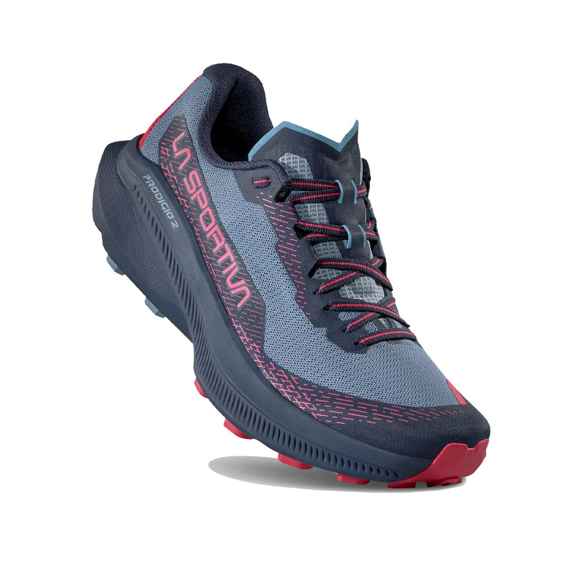 La Sportiva Prodigio 2 women's trail running shoe in Limestone / Azalea — angled view showing azalea heel cup construction, limestone nitrogen-injected XFlow™ foam midsole contrast and FriXion® Red outsole durability zone detail