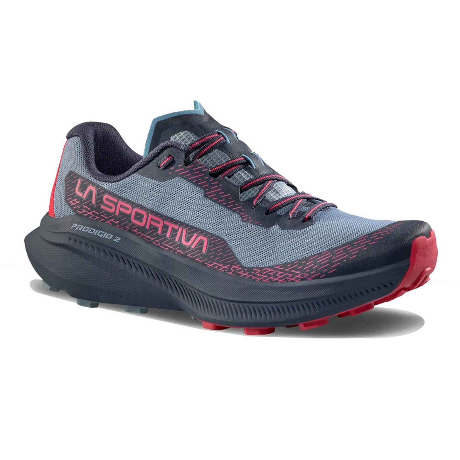 La Sportiva Prodigio 2 women's trail running shoe in Limestone / Azalea — angled side view showing limestone breathable 3D mesh upper, ergonomic wrapping system and azalea nitrogen-injected XFlow™ foam midsole stack with 34mm heel 28mm forefoot profile