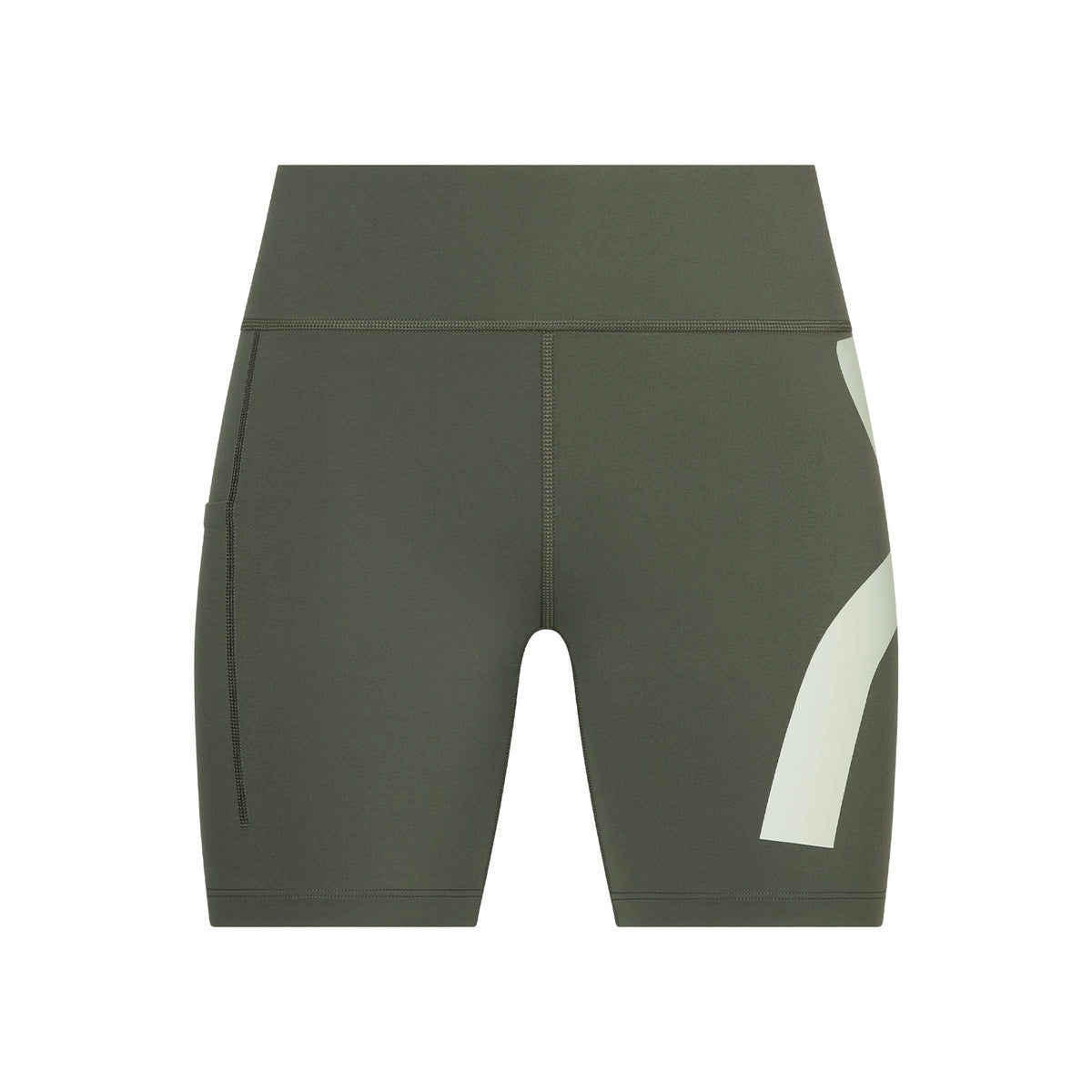 The Women’s Race Half Tights LN1 Mire by On are olive green high-waisted bike shorts made from moisture-wicking fabric, featuring a left side pocket and a large pale green abstract stripe along the right leg, shown against a white background.