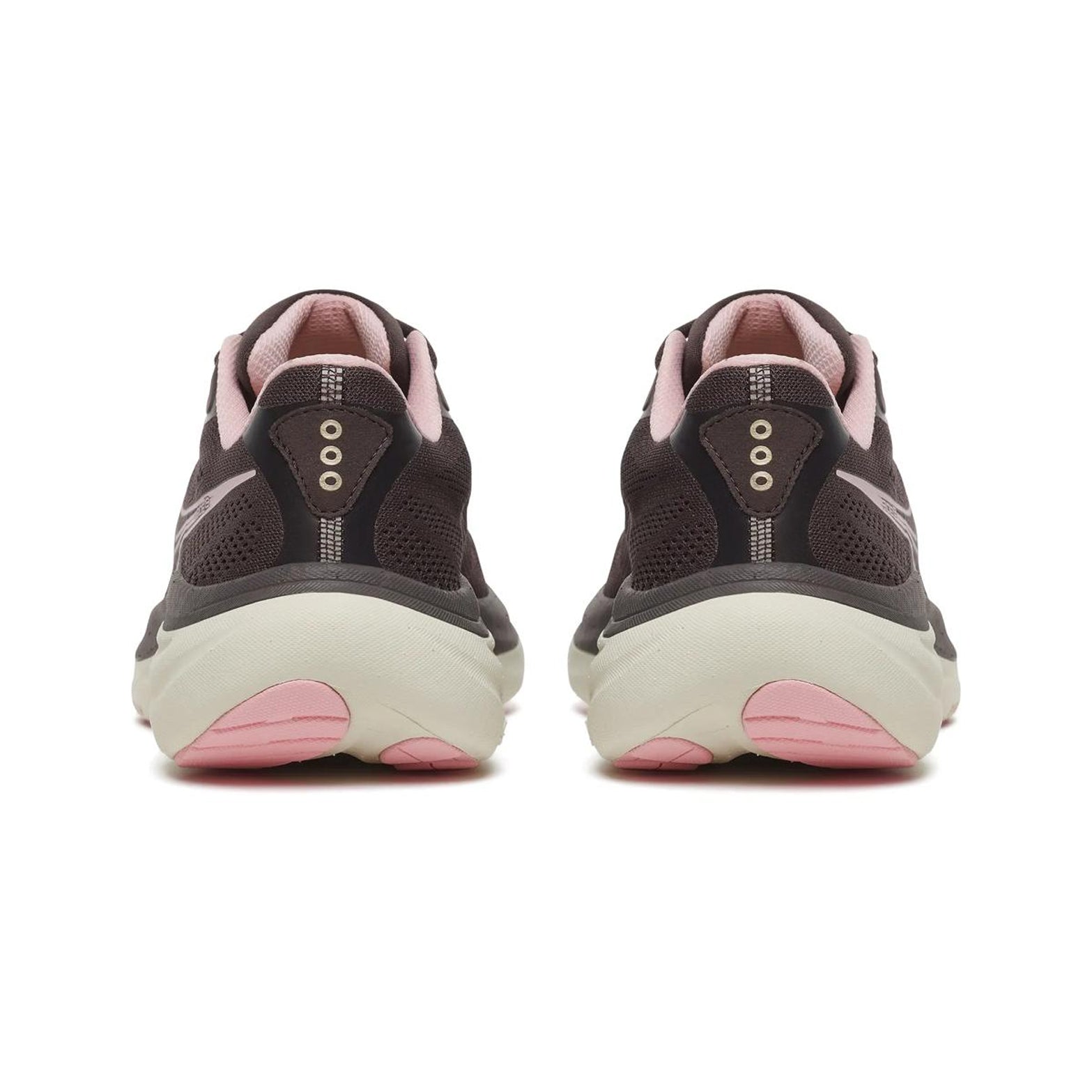 Rear view of a pair of Saucony Women’s Ride 19 Running Shoes in Torte and Eggshell, featuring white soles and responsive PWRRUN+ foam cushioning, shown against a plain white background—an ideal choice for everyday running.