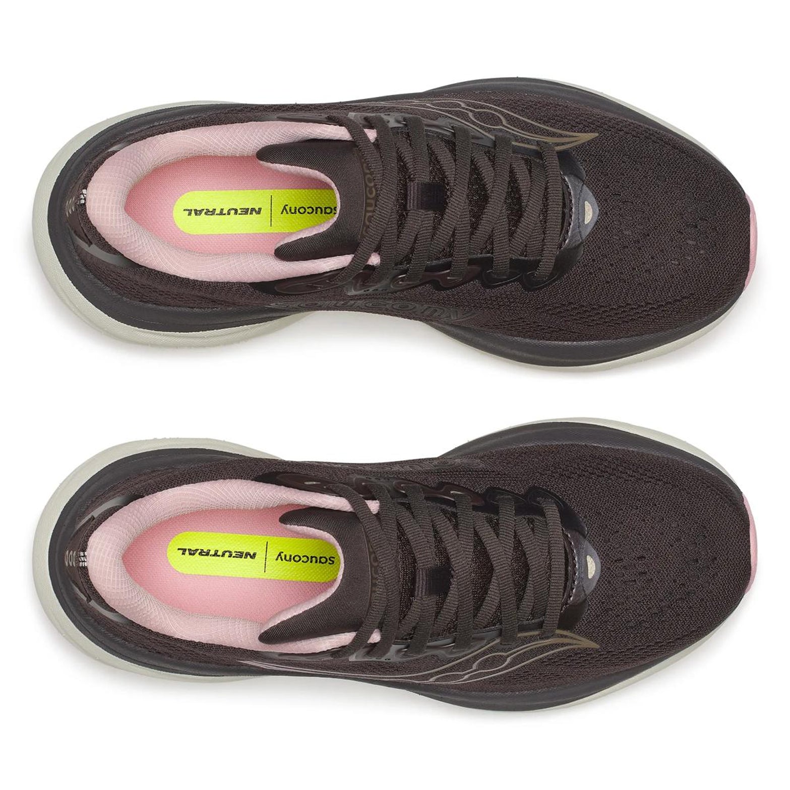Top view of a pair of Saucony Women’s Ride 19 Running Shoes in Torte/Eggshell, featuring a dark brown upper, pink inner lining, gray soles, and yellow insoles labeled NEUTRAL and SAUCONY. Equipped with responsive PWRRUN+ foam cushioning, these everyday running shoes from Saucony are neatly placed side by side facing upward.