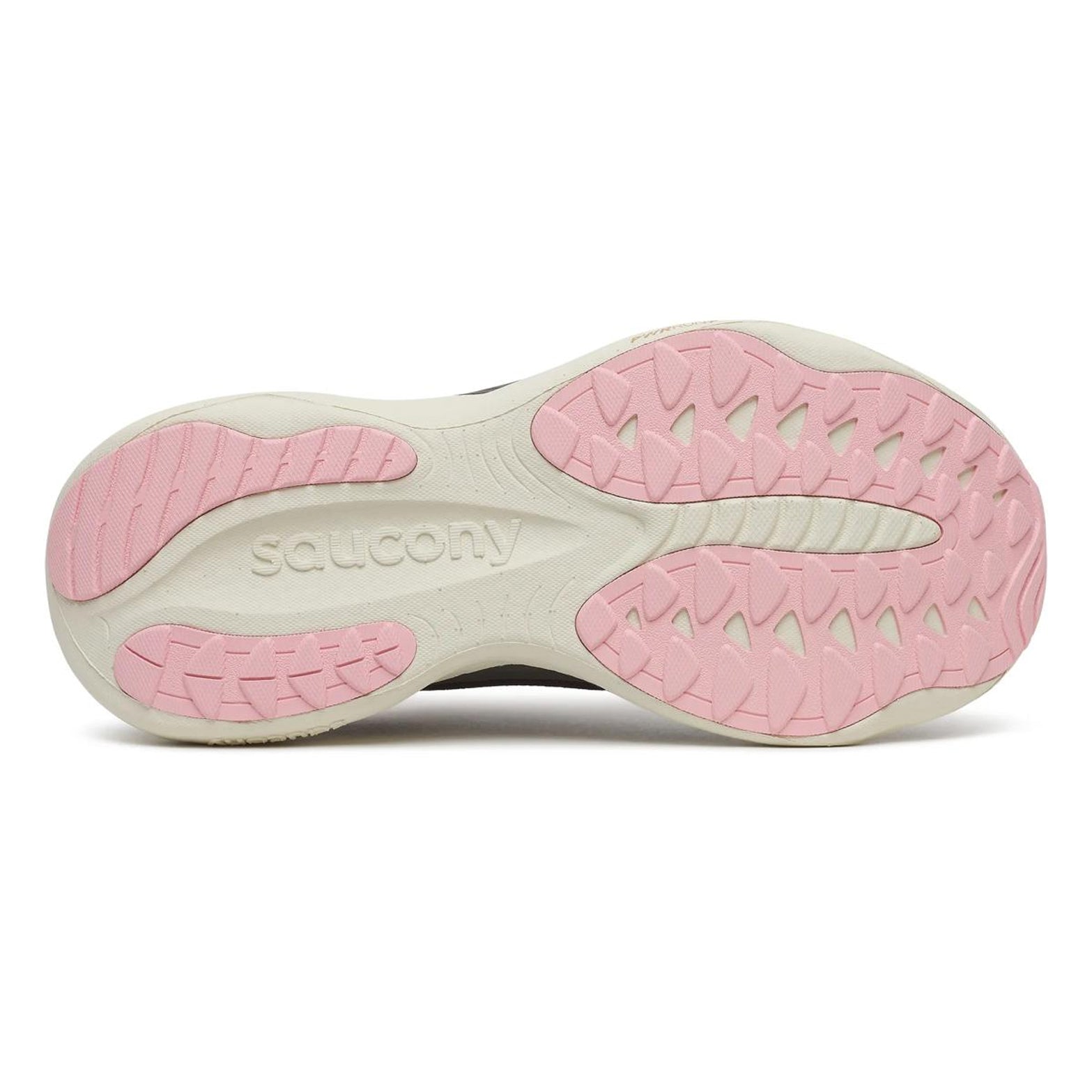 The image shows the torte and eggshell outsole of a Women’s Ride 19 Running Shoe by Saucony, viewed from the bottom, with the brand name Saucony embossed in the midfoot area.