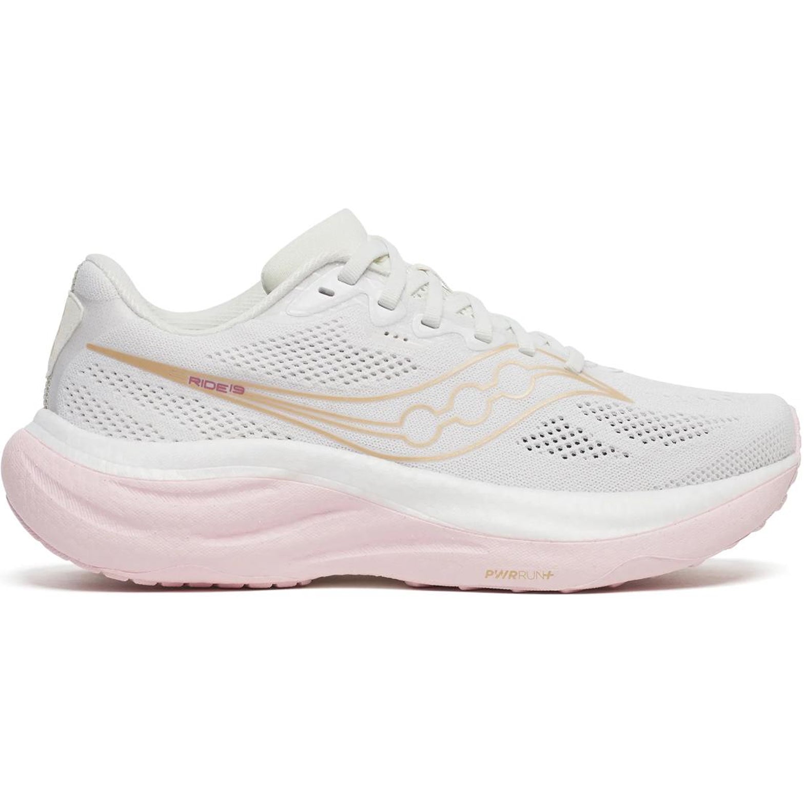 Women's Saucony Ride 19 Running Shoes White Silk outer side view showing cushioned midsole construction for comfortable daily training runs