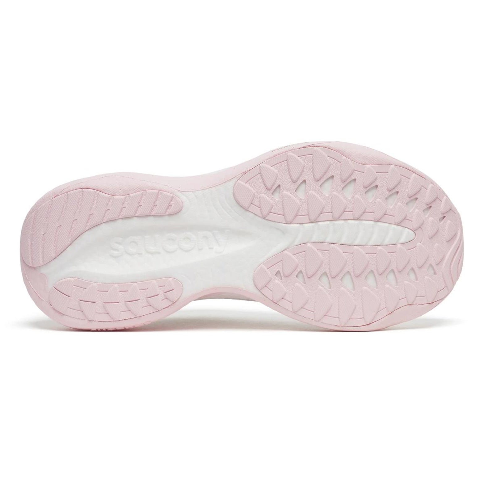 Women's Saucony Ride 19 Running Shoes White Silk sole view displaying durable outsole with road traction pattern for daily training
