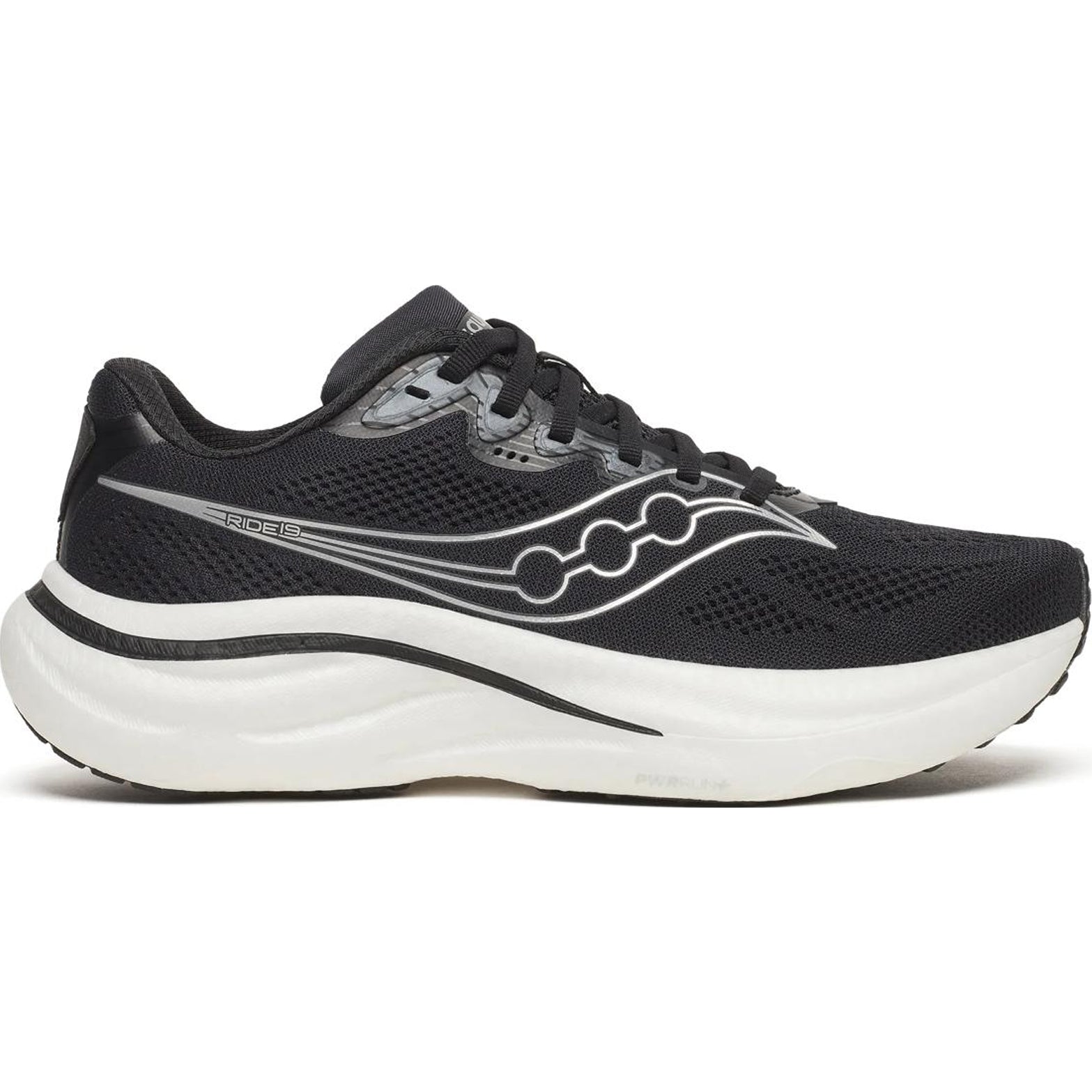 Women's Saucony Ride 19 Wide Fit Running Shoes Black Silver outer side view showing cushioned midsole construction with wide fit for comfortable daily training runs