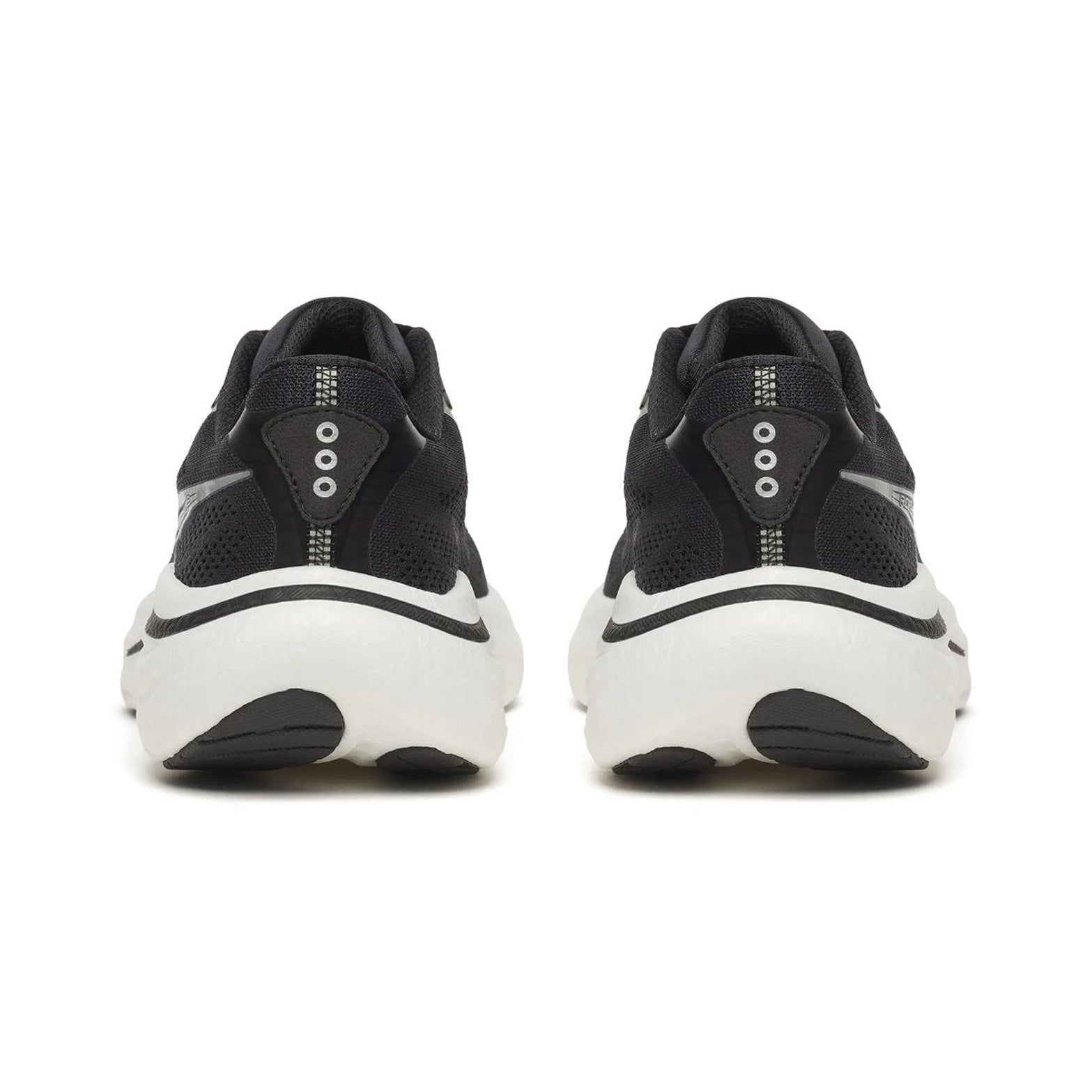 Women's Saucony Ride 19 Wide Fit Running Shoes Black Silver heel view showing cushioned midsole stack with wide fit construction for comfortable everyday running