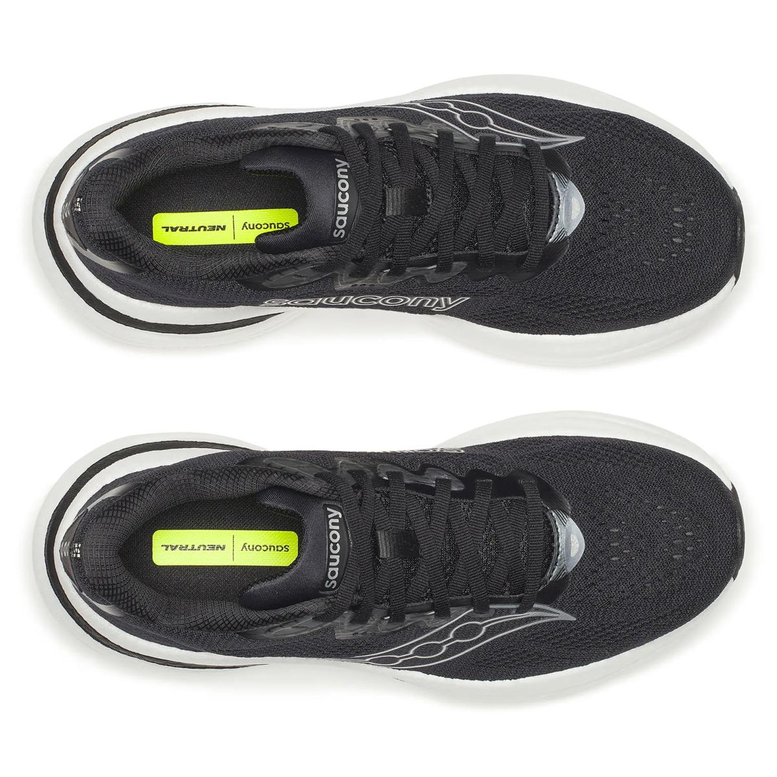 Women's Saucony Ride 19 Wide Fit Running Shoes Black Silver top view showing breathable upper construction with wide fit design for everyday running comfort