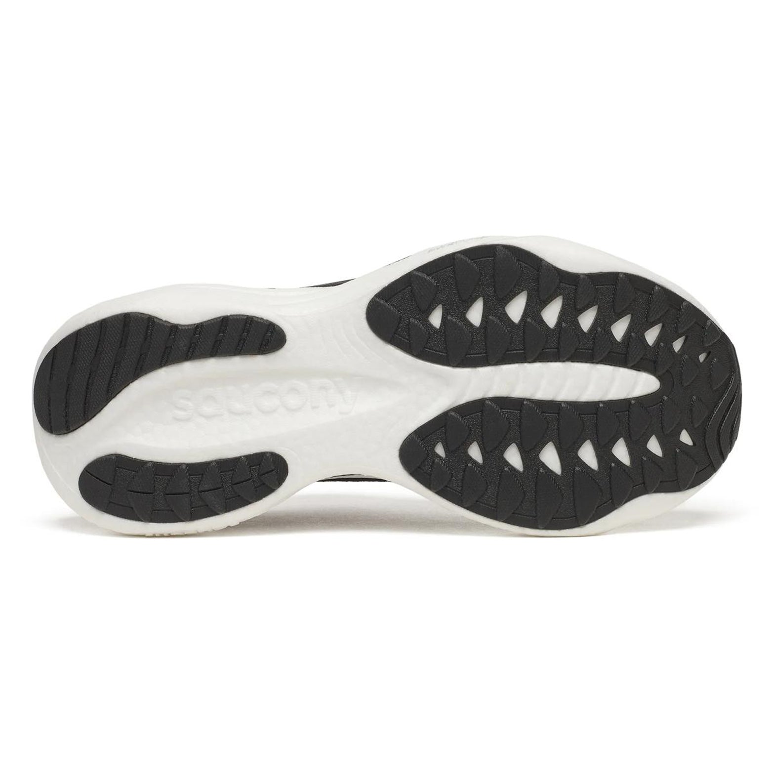 Women's Saucony Ride 19 Wide Fit Running Shoes Black Silver sole view displaying durable outsole with road traction pattern for daily training