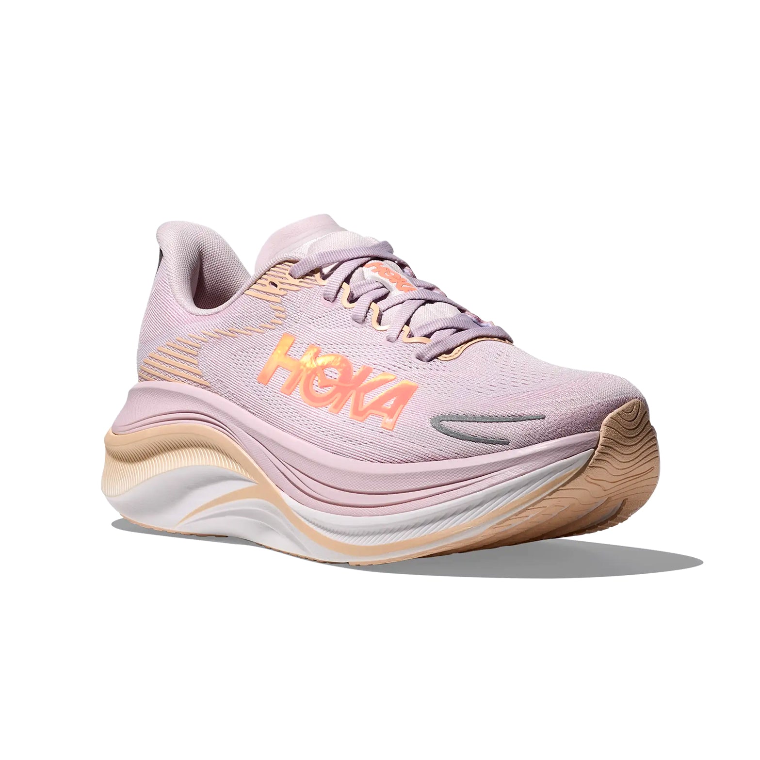HOKA Skyward X 2 women's running shoe in Lilac Cream / Tangerine Glow — top-down view showing lilac cream creel jacquard upper, zonally padded tongue, tongue lace loop and lace closure with tangerine glow accent detailing