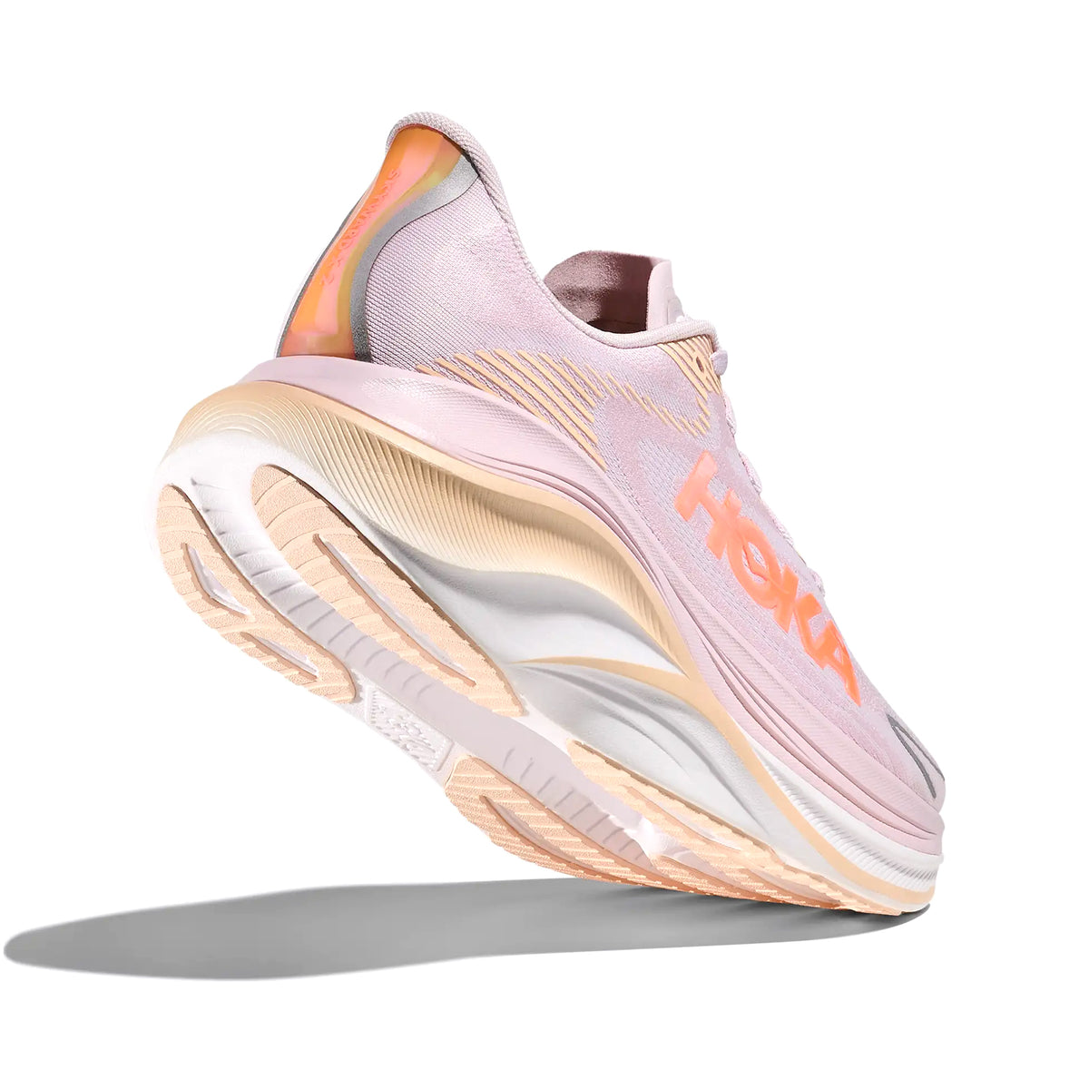 HOKA Skyward X 2 women's running shoe in Lilac Cream / Tangerine Glow — angled side view showing lilac cream creel jacquard upper, convex carbon plate geometry and tangerine glow PEBA foam midsole stack with reflective details