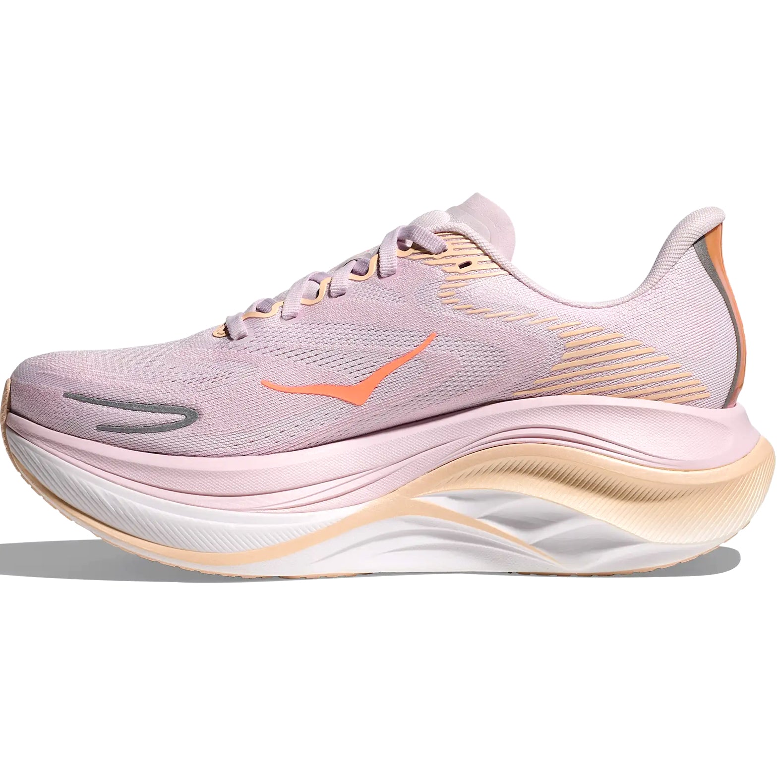 HOKA Skyward X 2 women's running shoe in Lilac Cream / Tangerine Glow — inner view showing lilac cream creel jacquard upper, tangerine glow midsole detailing, zonally padded tongue and Durabrasion rubber heel construction