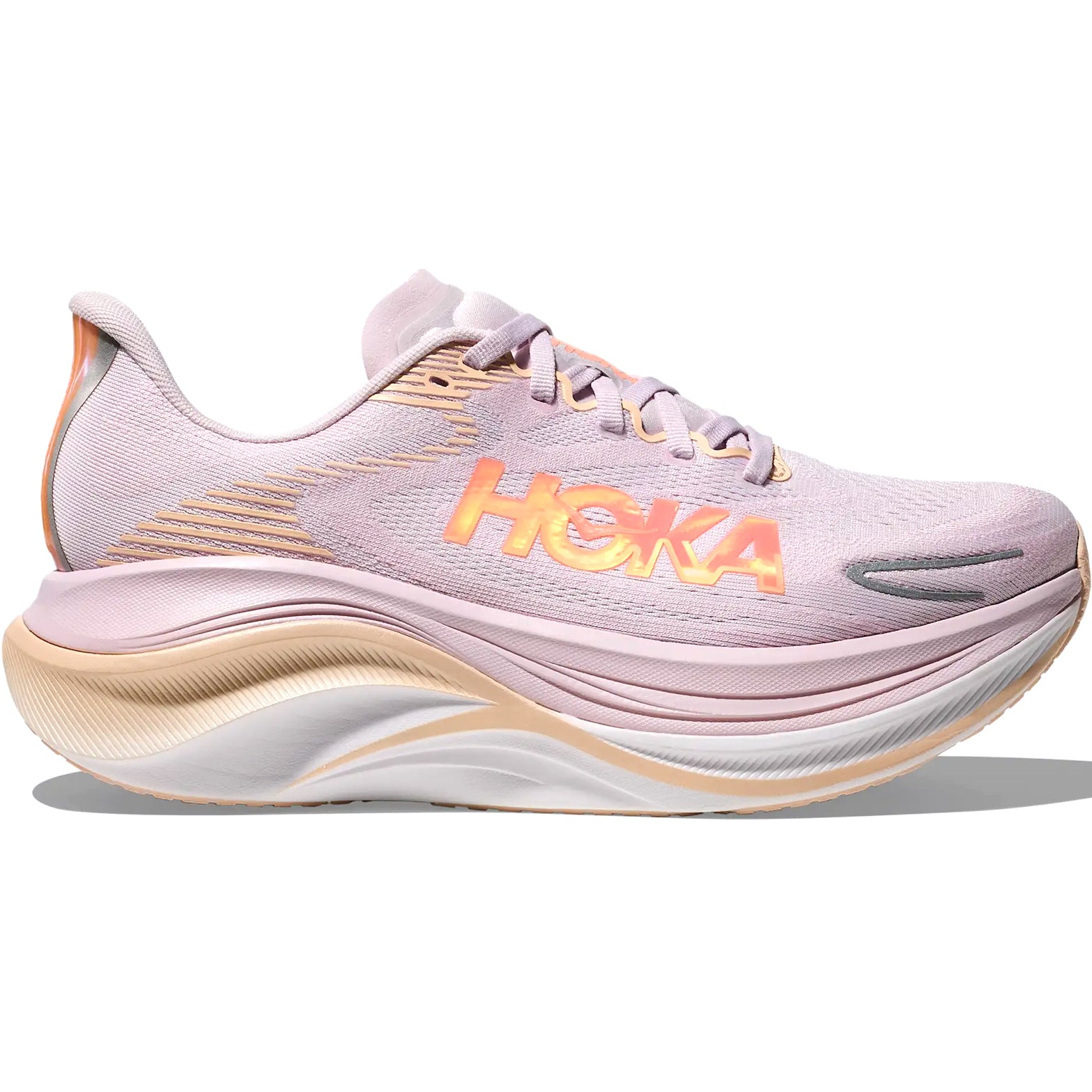 HOKA Skyward X 2 women's running shoe in Lilac Cream / Tangerine Glow — outer view showing lilac cream creel jacquard upper with tangerine glow accent detailing, convex carbon plate profile and PEBA foam midsole