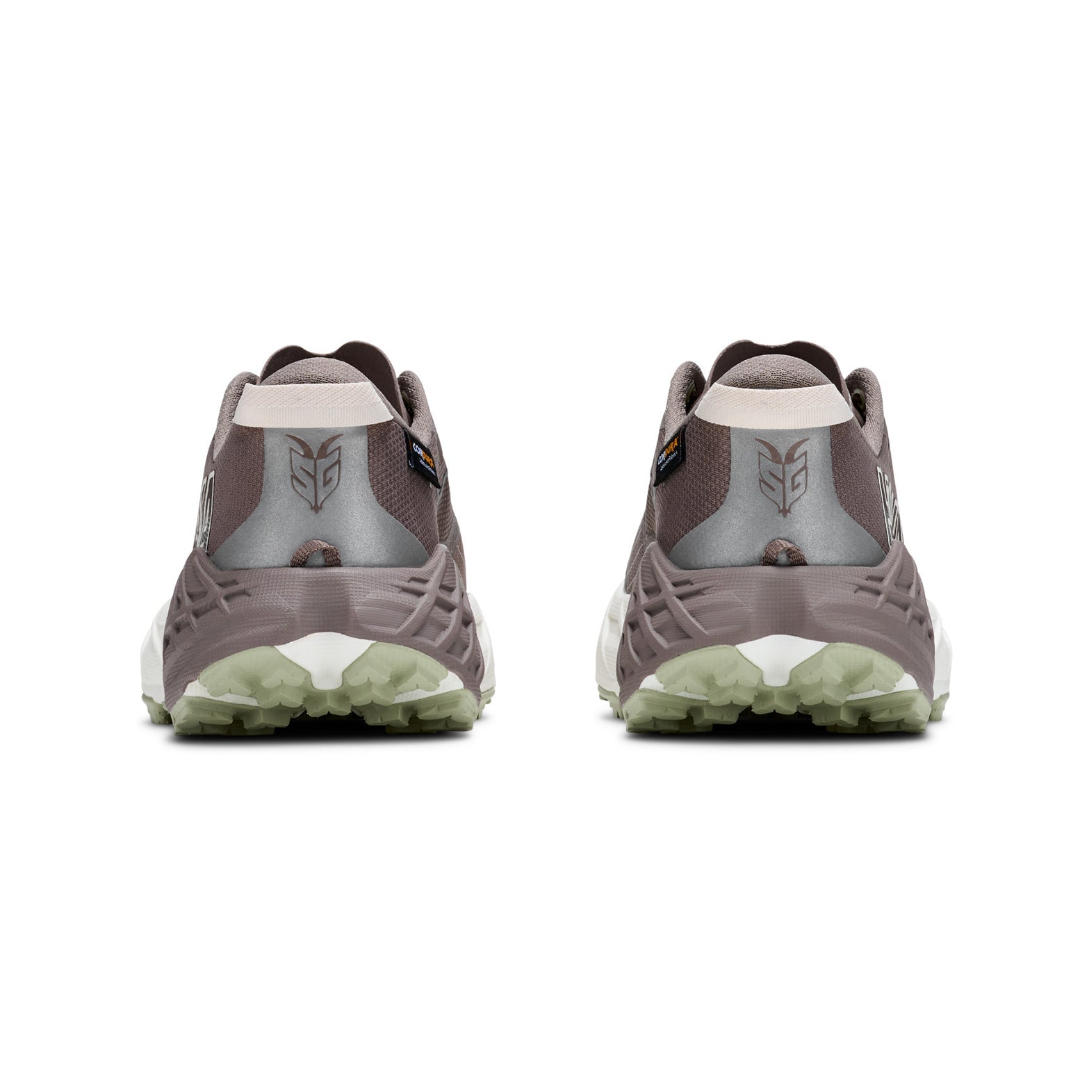 A pair of Hoka Women’s Speedgoat 7 GORE-TEX Trail Running Shoes in Pebble Grey / Alabaster are shown from the back, featuring a logo on each heel and rugged light green outsoles—these waterproof trail shoes are built to keep you comfortable and protected on any adventure.