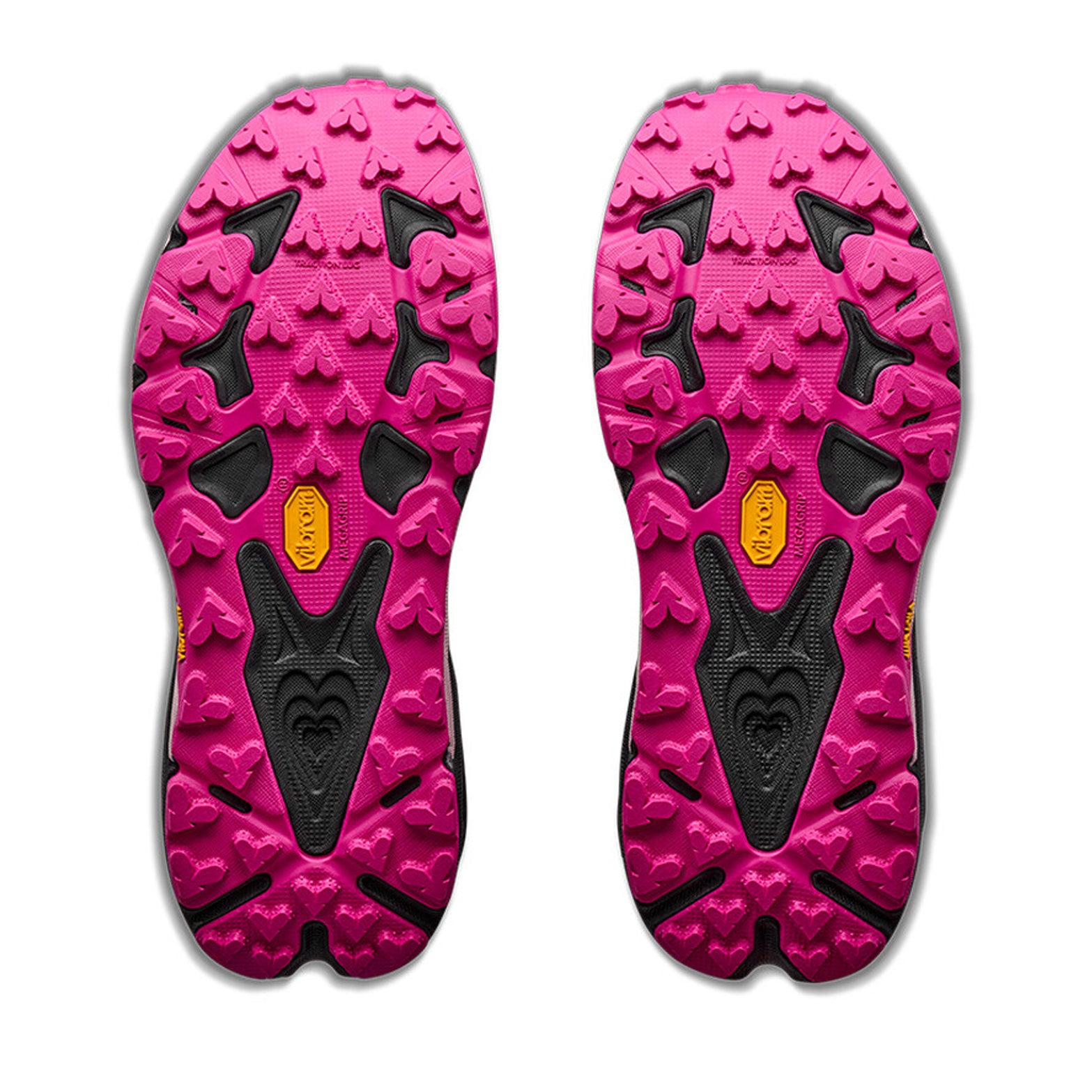 Women's HOKA Speedgoat 7 Trail Running Shoes Black Pink Opal sole view displaying Vibram Megagrip outsole with 5mm traction lugs and updated lug orientation for maximum grip on technical terrain
