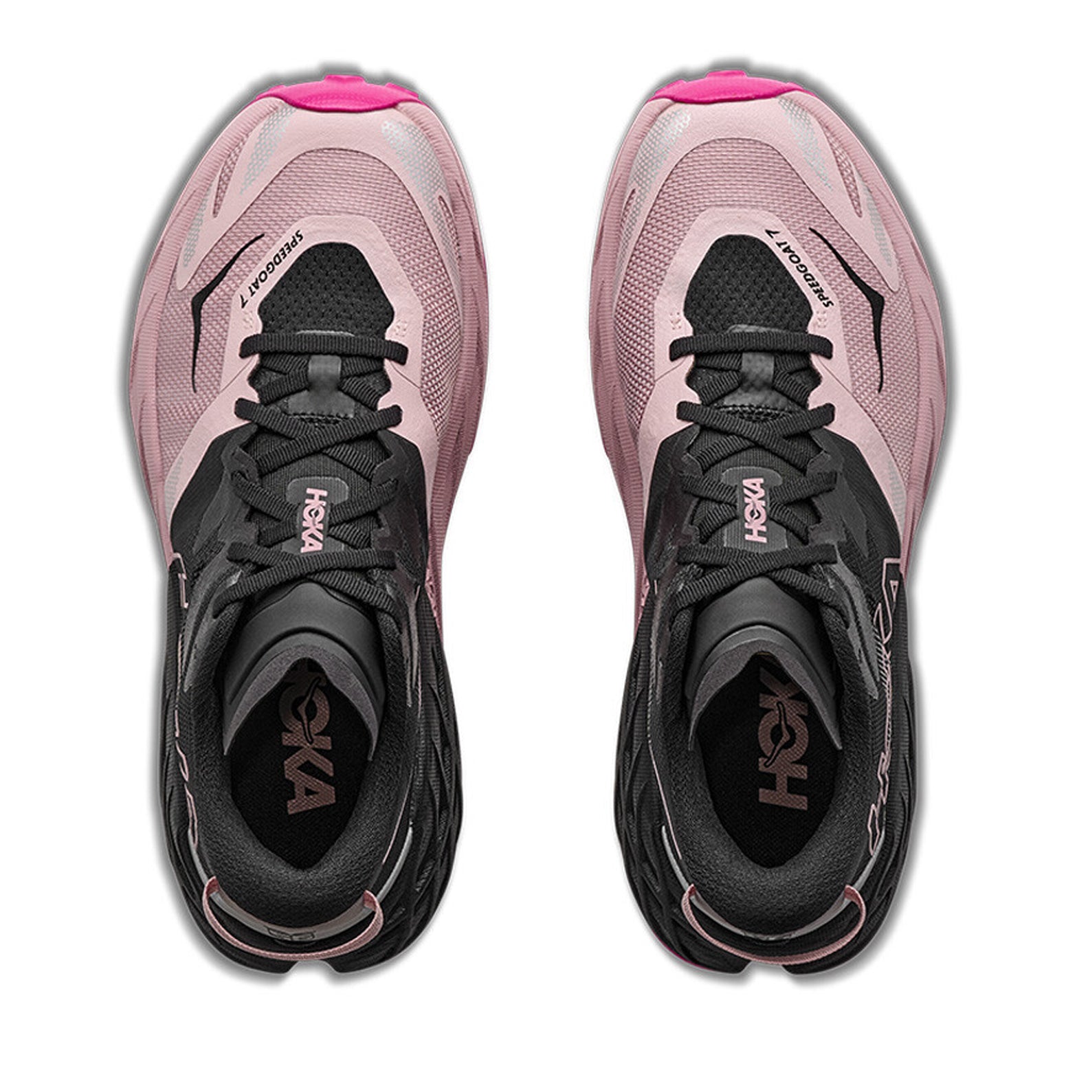 Women's HOKA Speedgoat 7 Trail Running Shoes Black Pink Opal top view showing lightweight RPET woven textile upper with gaiter attachment and lay-flat tongue for technical mountain running