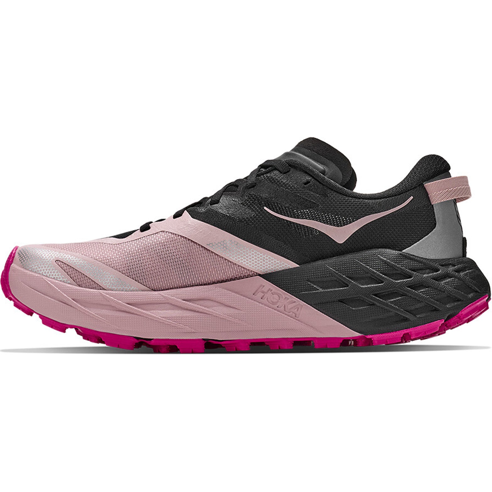 Women's HOKA Speedgoat 7 Trail Running Shoes Black Pink Opal inner side view showing super-critical EVA cushioning with dynamic vamp and lay-flat tongue for comfortable technical trail running