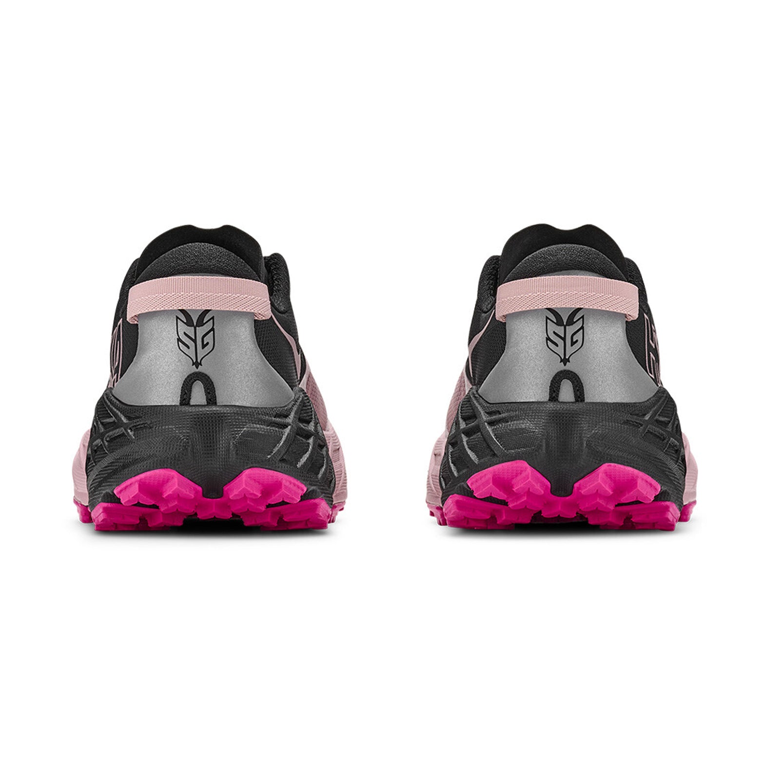 Women's HOKA Speedgoat 7 Trail Running Shoes Black Pink Opal heel view showing super-critically foamed EVA cushioning with refined heel collar and heel pull tab for comfortable technical trail running