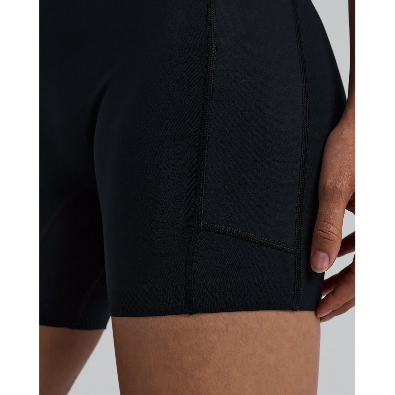 Women's Bandit Stamina-V High Waist 5 Inch Compression Shorts Black close-up front and side showing volcanic micro-particle infused fabric with laser-cut hem and GripDot internal gripper dots