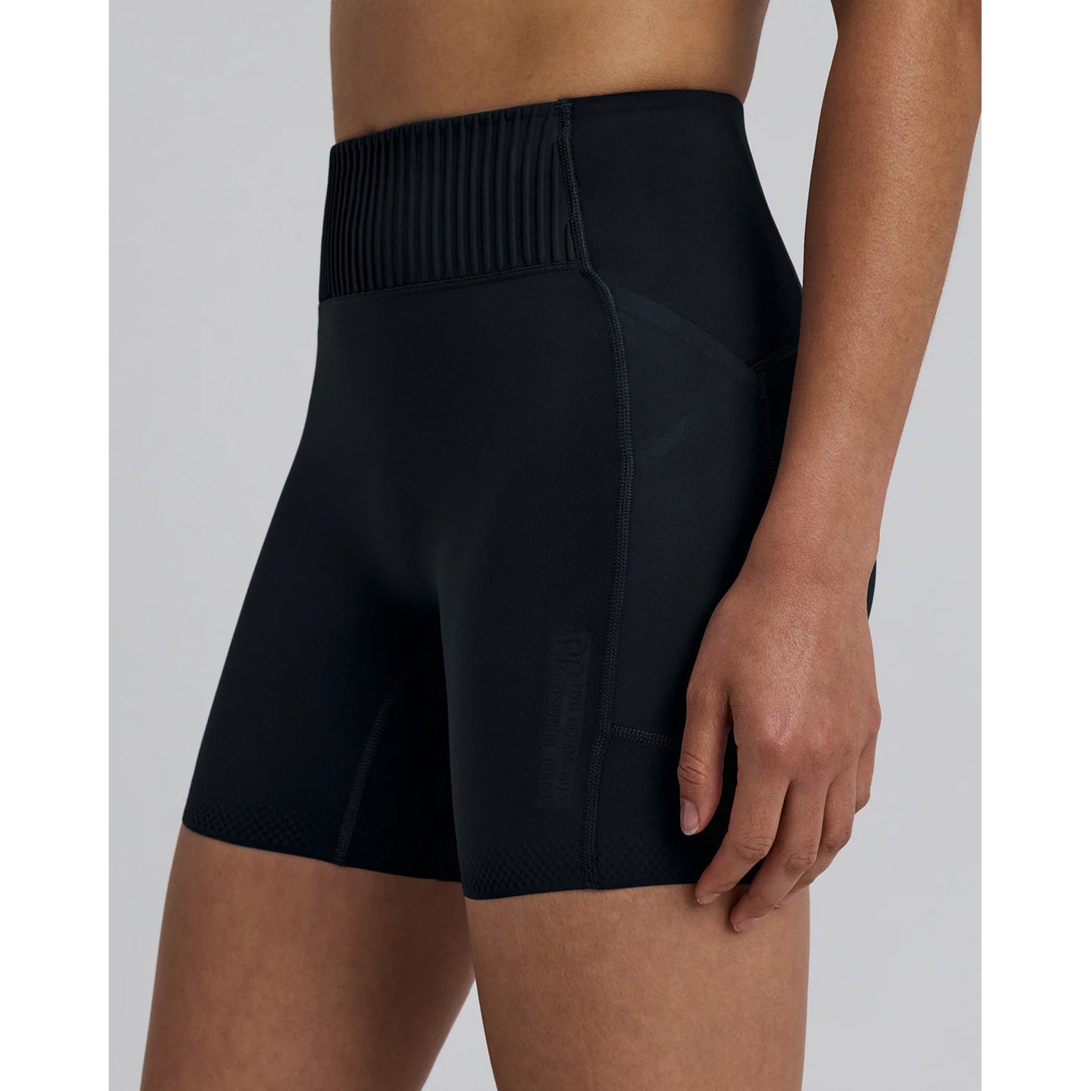 Women's Bandit Stamina-V High Waist 5 Inch Compression Shorts Black side view showing 5 inch high-waist compression with wavy waistband detail and soft elastic facing