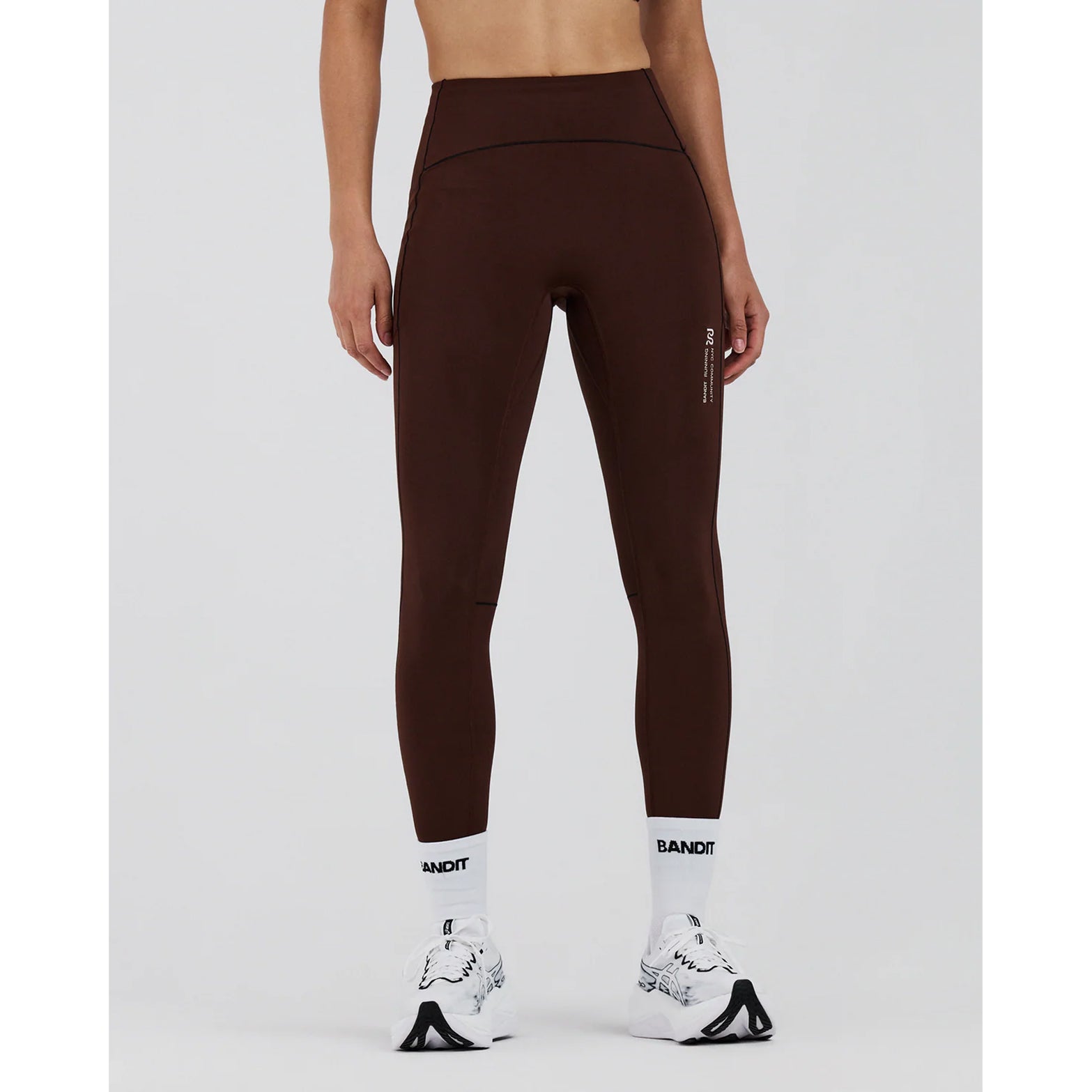 Women's Bandit Stamina-V High Waist Leggings front view showing high-waist construction with no front rise seam, reflective logos and moisture-wicking fabric