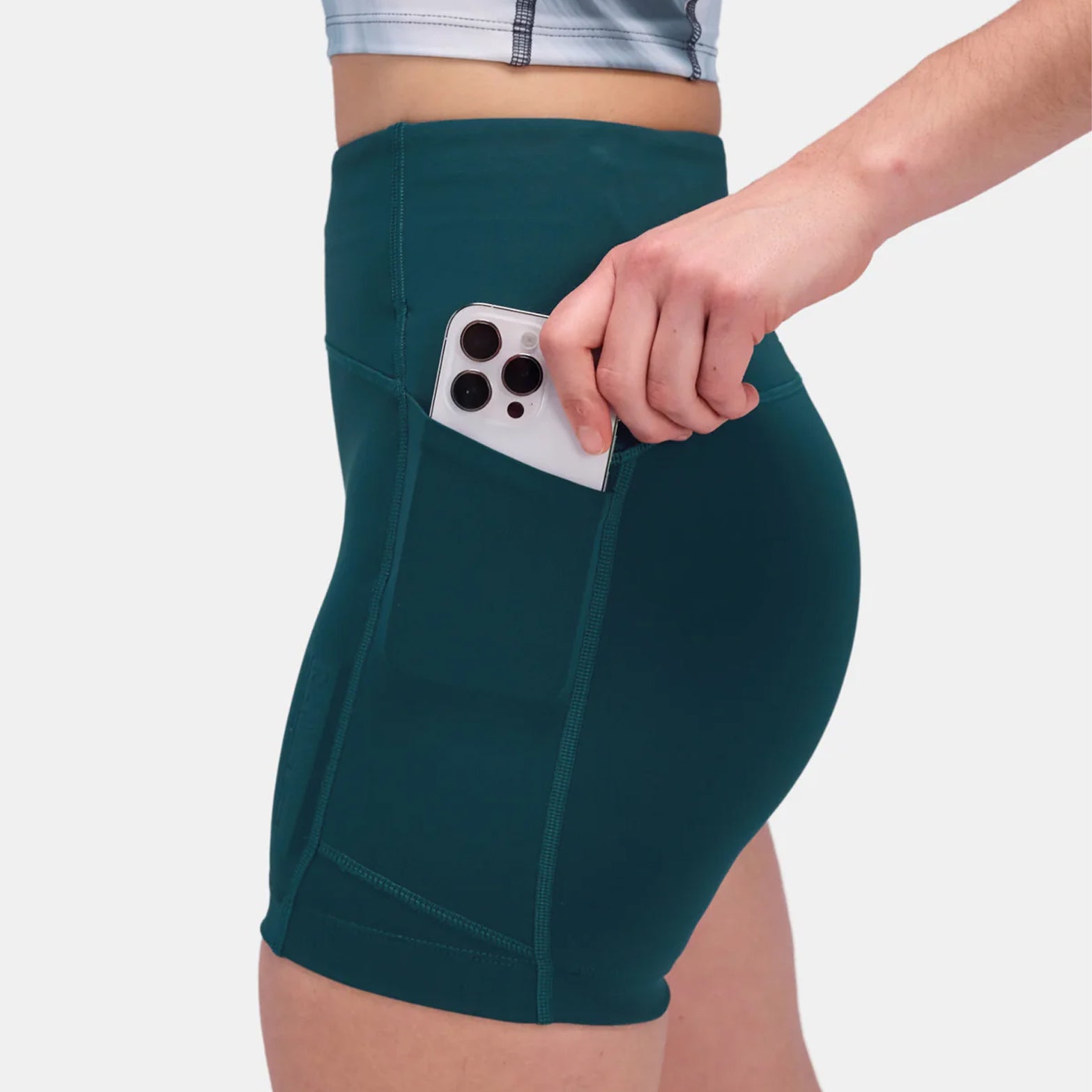 Bandit running shorts side view showing sweat-proof phone pocket and gel storage at waistband panel