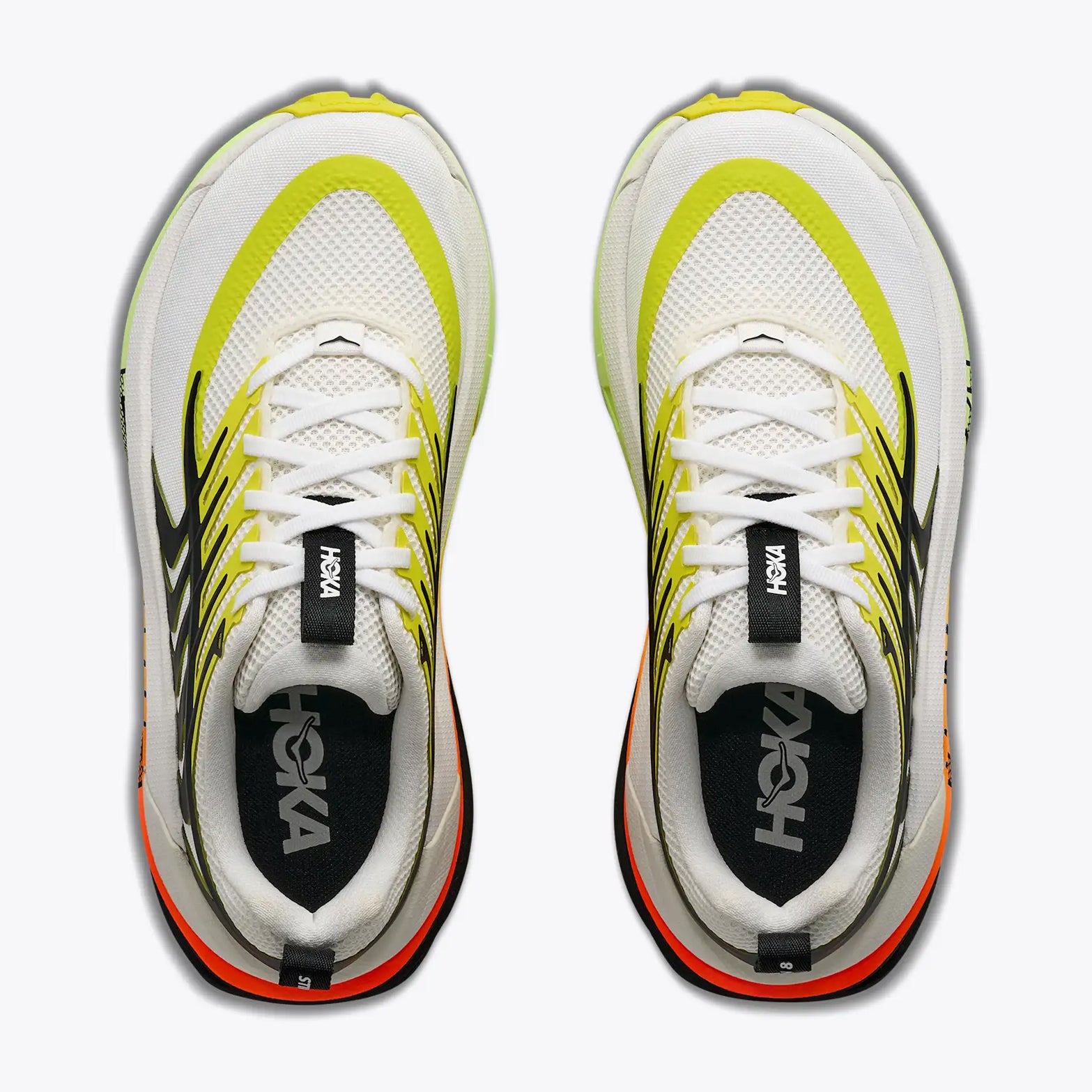 Women's HOKA Stinson 8 Trail Running Shoes Frost Black top view showing breathable mesh upper with supportive moulded cage overlay, dual-sided gusset and webbing heel pull for secure trail fit