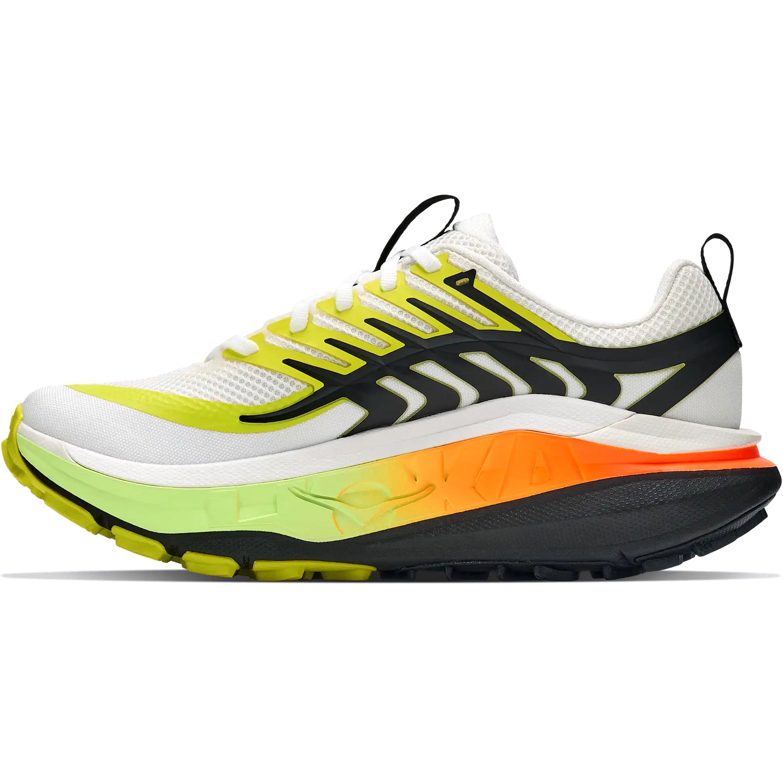 Women's HOKA Stinson 8 Trail Running Shoes Frost Black inner side view showing extra-soft shock-absorbing bottom midsole with H-Frame stability layer for smooth plush trail running