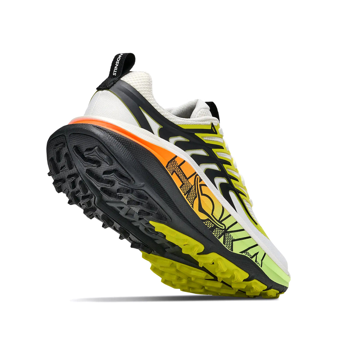 Women's HOKA Stinson 8 Trail Running Shoes Frost Black angled side and heel view showing updated H-Frame midsole with extra-soft bottom layer, cage overlay and 3.5mm lugs for maximum cushioned stable road to trail performance