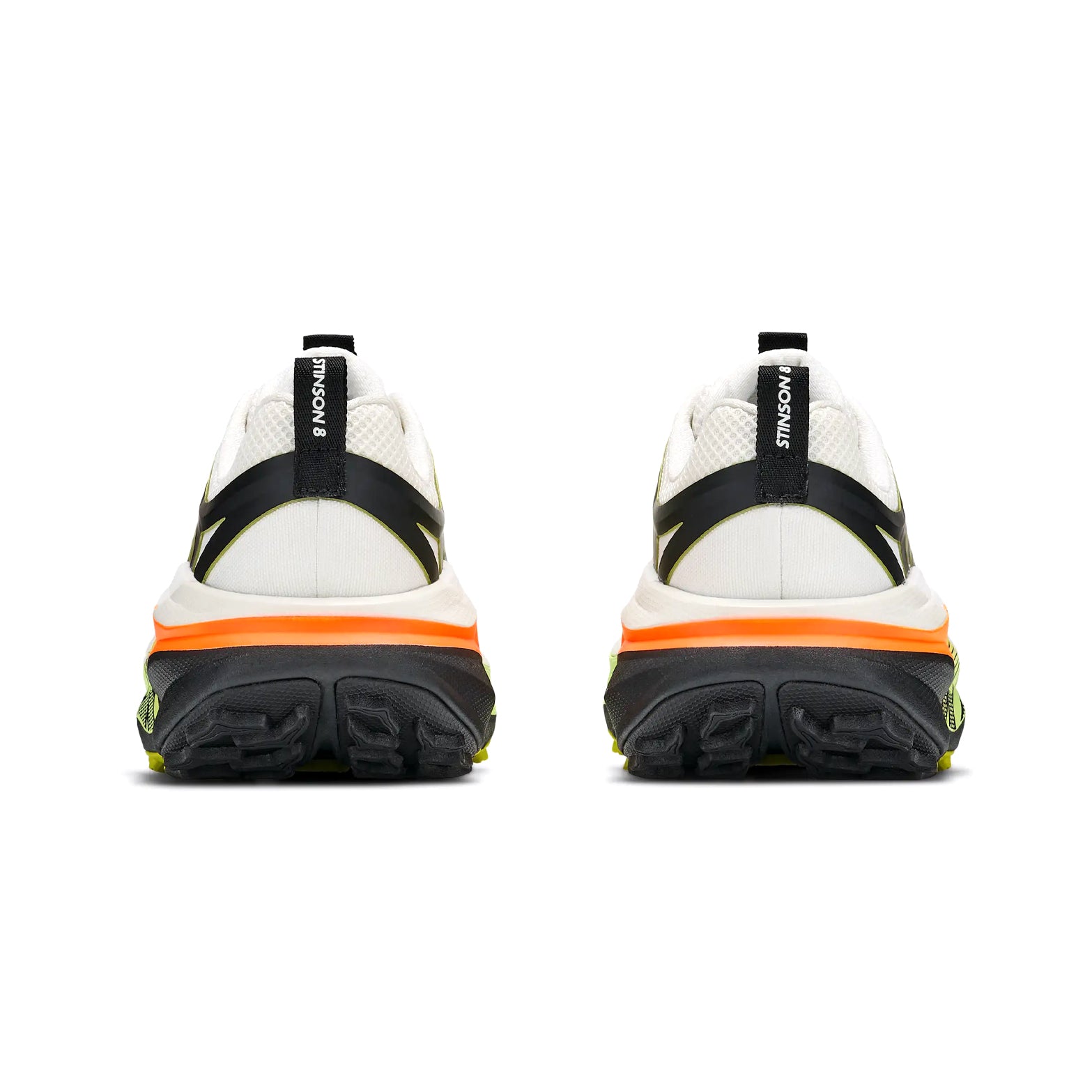 Women's HOKA Stinson 8 Trail Running Shoes Frost Black heel view showing dual-layer midsole with updated H-Frame stability and webbing loop heel pull for comfortable locked-in trail running
