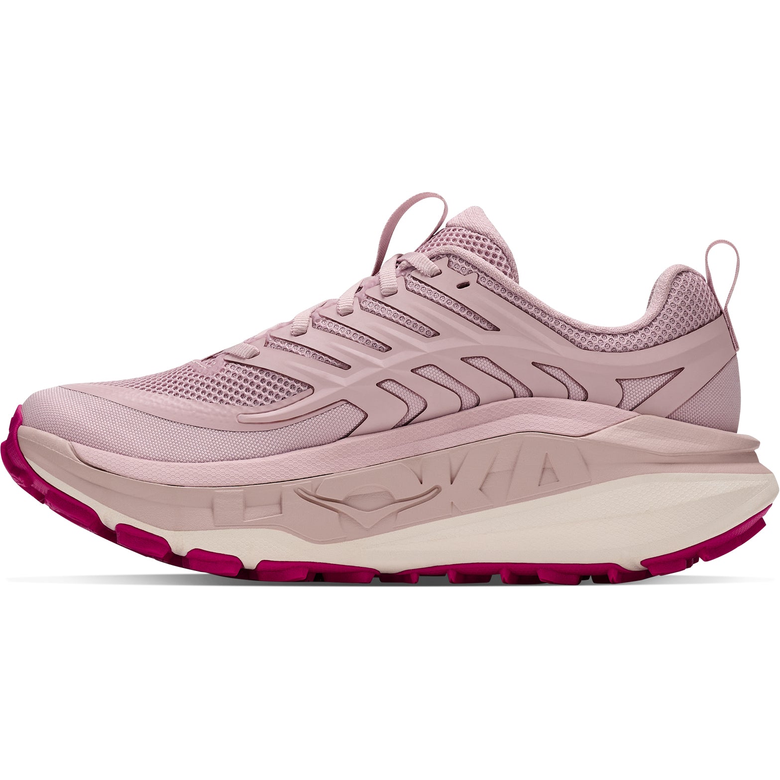 Introducing the Hoka Women’s Stinson 8 Trail Running Shoes in Pink Opal / Alabaster—a light pink athletic sneaker inspired by trail running shoes. This model features a thick, two-tone sole, while its upper combines breathable mesh with durable synthetic overlays for optimum support. The outsole is enhanced with dark pink accents to improve traction. Engineered with H-Frame stability reminiscent of the Stinson 8, it offers a secure lace-up closure and a convenient heel pull tab for easy on and off.