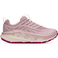 A light pink Hoka Women’s Stinson 8 Trail Running Shoe in Pink Opal / Alabaster, featuring a thick, cushioned sole, bold HOKA branding on the side, enhanced H-Frame stability for trail running, and a darker pink tread on the outsole.