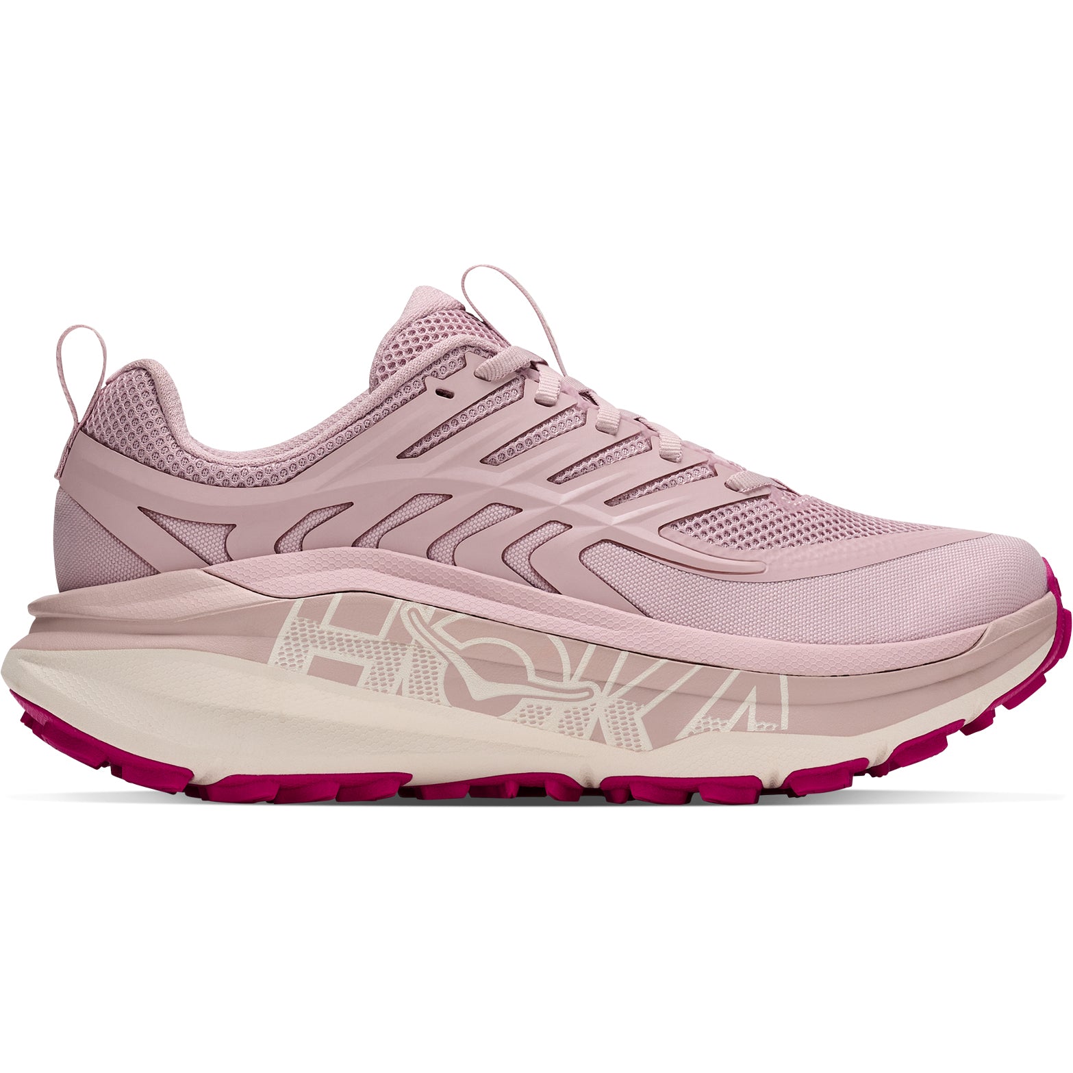 A light pink Hoka Women’s Stinson 8 Trail Running Shoe in Pink Opal / Alabaster, featuring a thick, cushioned sole, bold HOKA branding on the side, enhanced H-Frame stability for trail running, and a darker pink tread on the outsole.