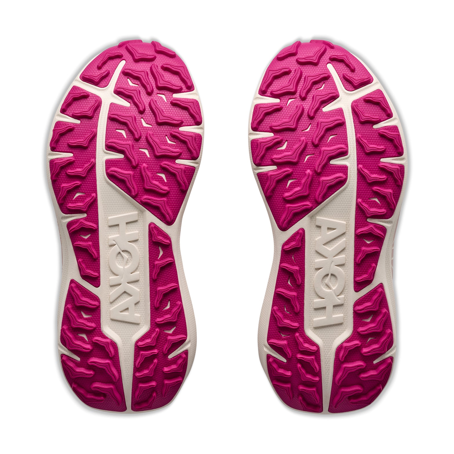 Here’s the rewritten sentence using your product data: Two pink opal and alabaster women’s athletic shoe soles, featuring textured treads and the Hoka logo molded in the center, are shown from below against a white background—these are the Hoka Women’s Stinson 8 Trail Running Shoes, crafted for support with innovative H-Frame stability.