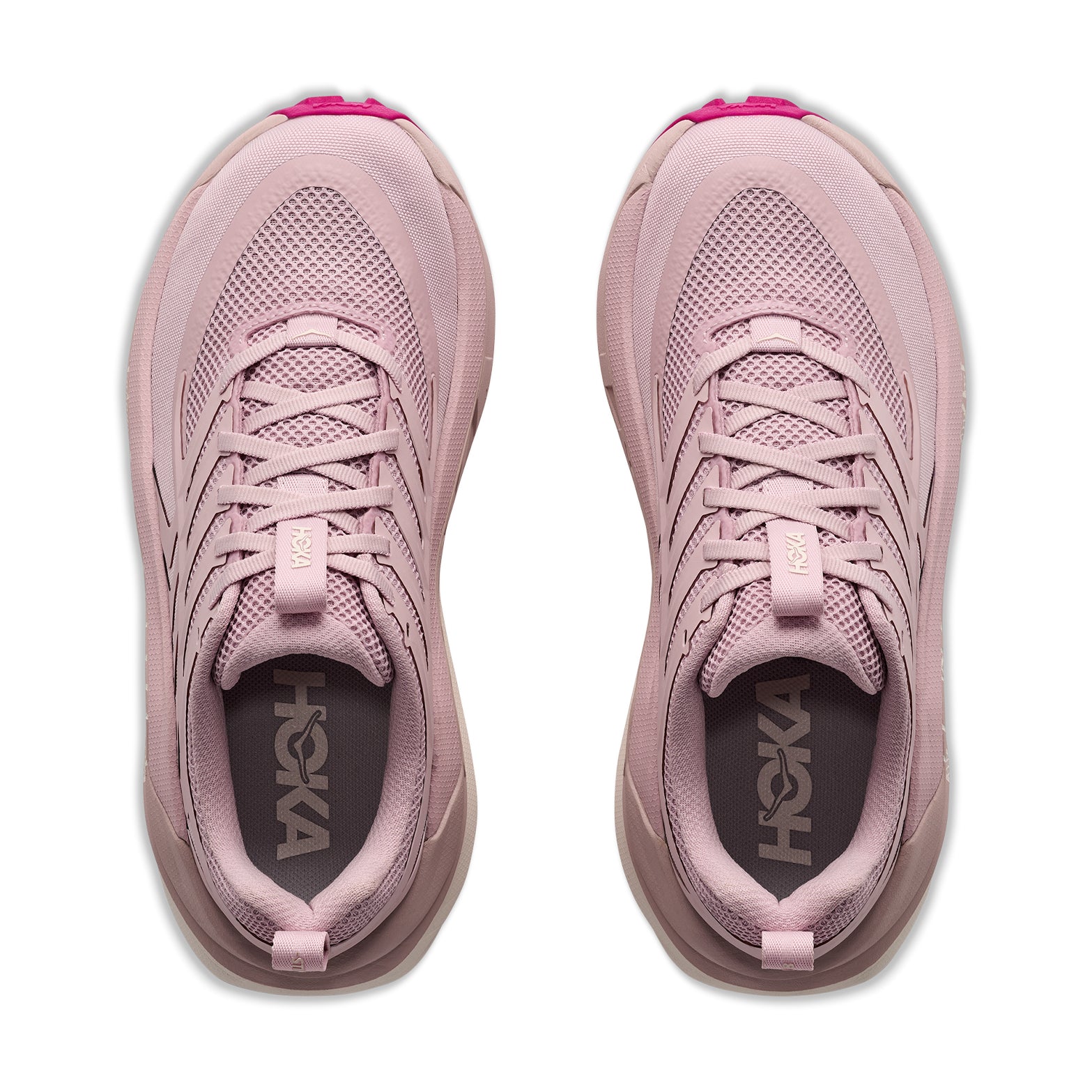A pair of Hoka Women’s Stinson 8 Trail Running Shoes in Pink Opal / Alabaster seen from above, featuring mesh uppers, laces, and the Hoka logo on the insoles. Designed with H-Frame stability, these shoes deliver comfort and support for every adventure.