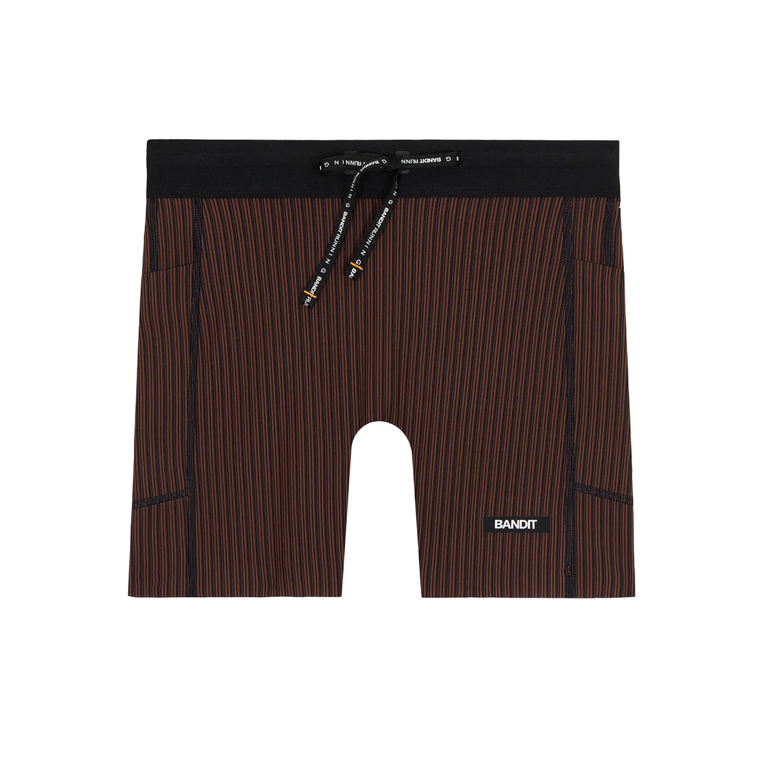 Women's Bandit Striped Cadence 5 Inch Compression Shorts Cacao Black product view showing ultra-compressive ribbed knit with 5-pocket system and grip tape hems