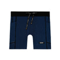 Bandit Women’s Striped Cadence 5″ Compression Shorts in Black / Bauhaus Blue featuring a black waistband, drawstring, and 5-pocket storage.