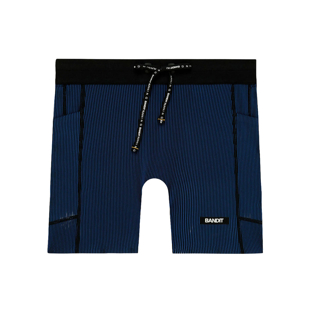 Bandit Women’s Striped Cadence 5″ Compression Shorts in Black / Bauhaus Blue featuring a black waistband, drawstring, and 5-pocket storage.