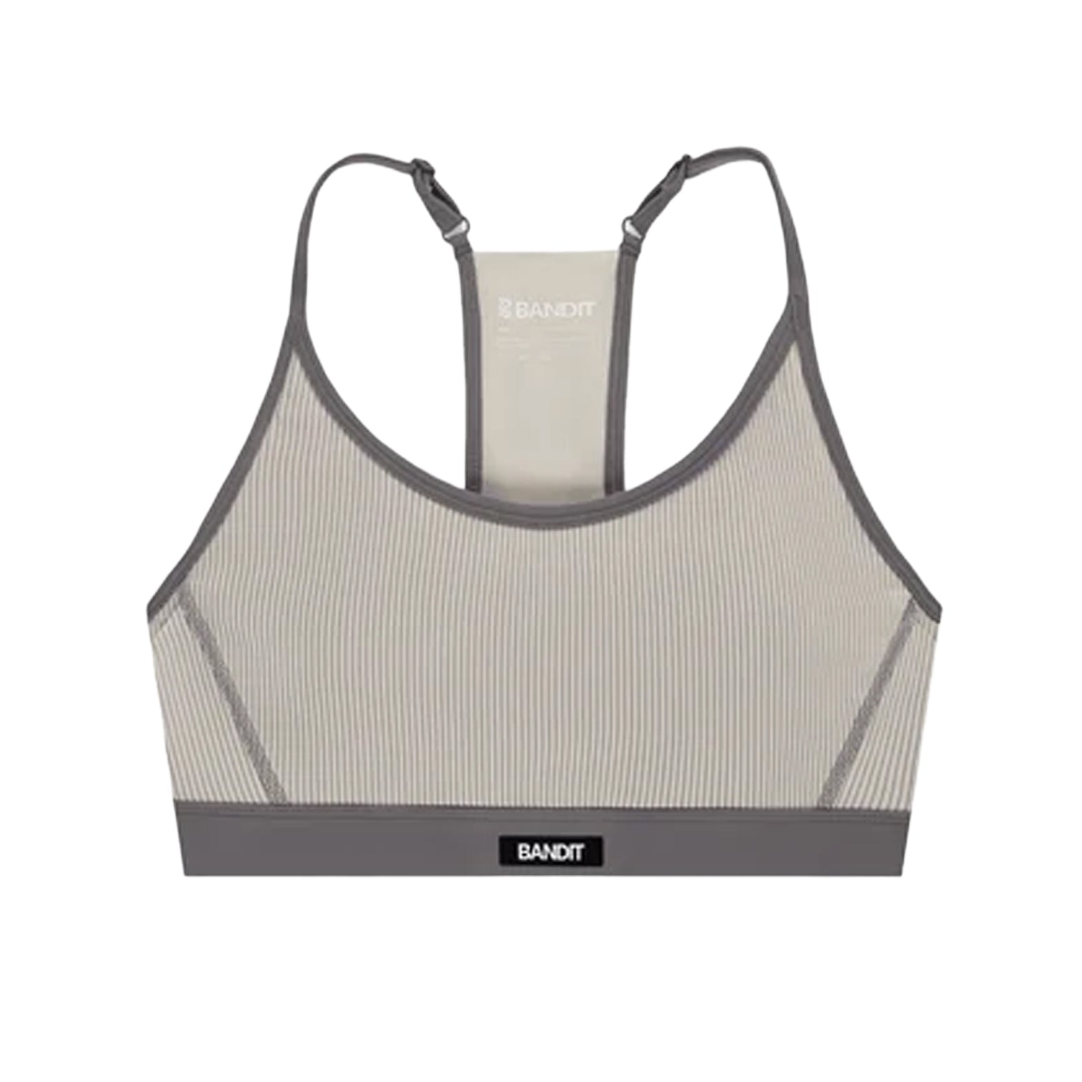 Women's Bandit Striped Cadence Strappy Bra Plaster Slate front product view showing Striped Cadence ribbed compression with adjustable straps and Bandit branding at centre chest