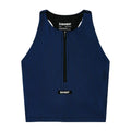 Women’s Striped Cadence Zip Front T-Back Race Crop Black / Bauhaus Blue ribbed compression crop top with a front zipper and seven-pocket system.