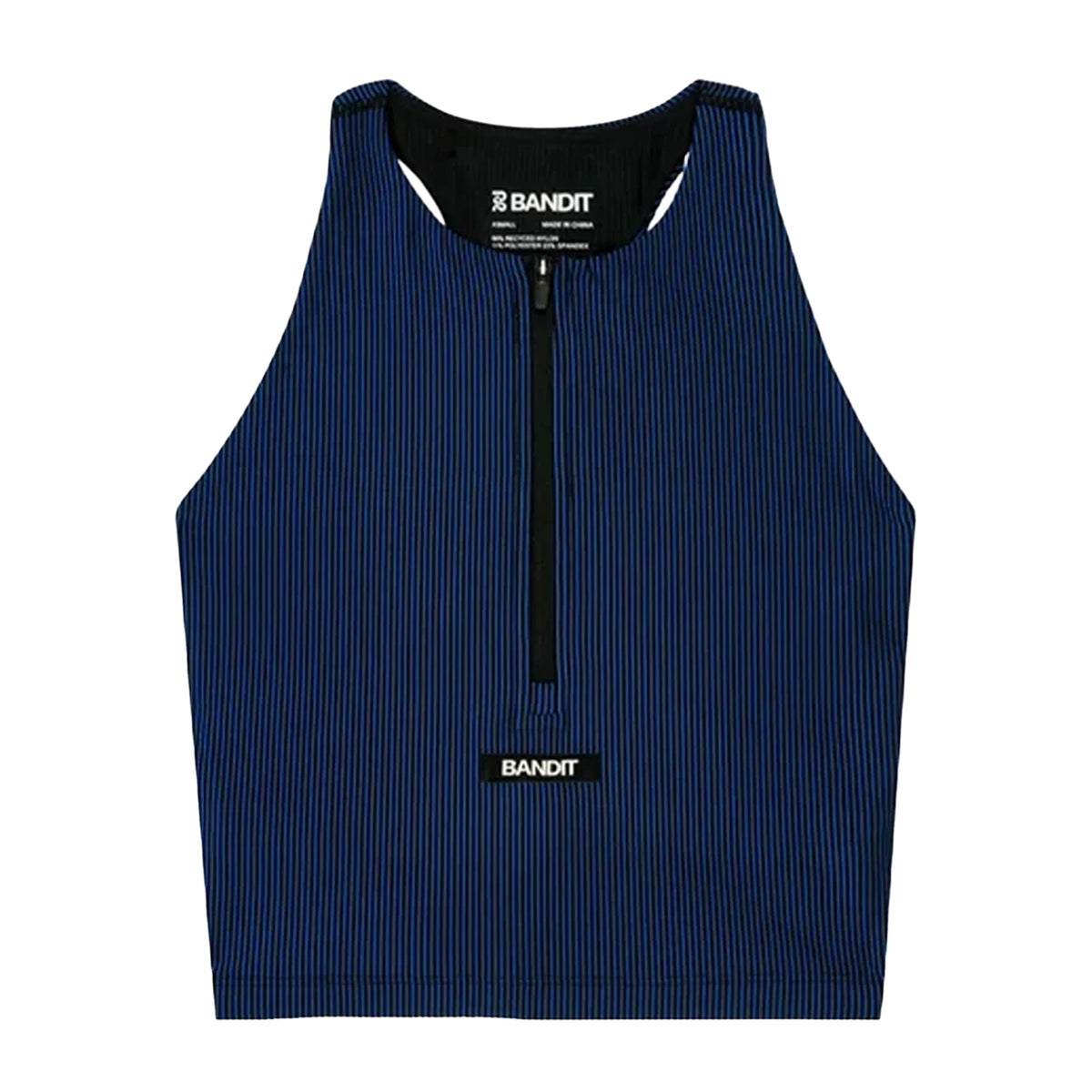 Women’s Striped Cadence Zip Front T-Back Race Crop Black / Bauhaus Blue ribbed compression crop top with a front zipper and seven-pocket system.