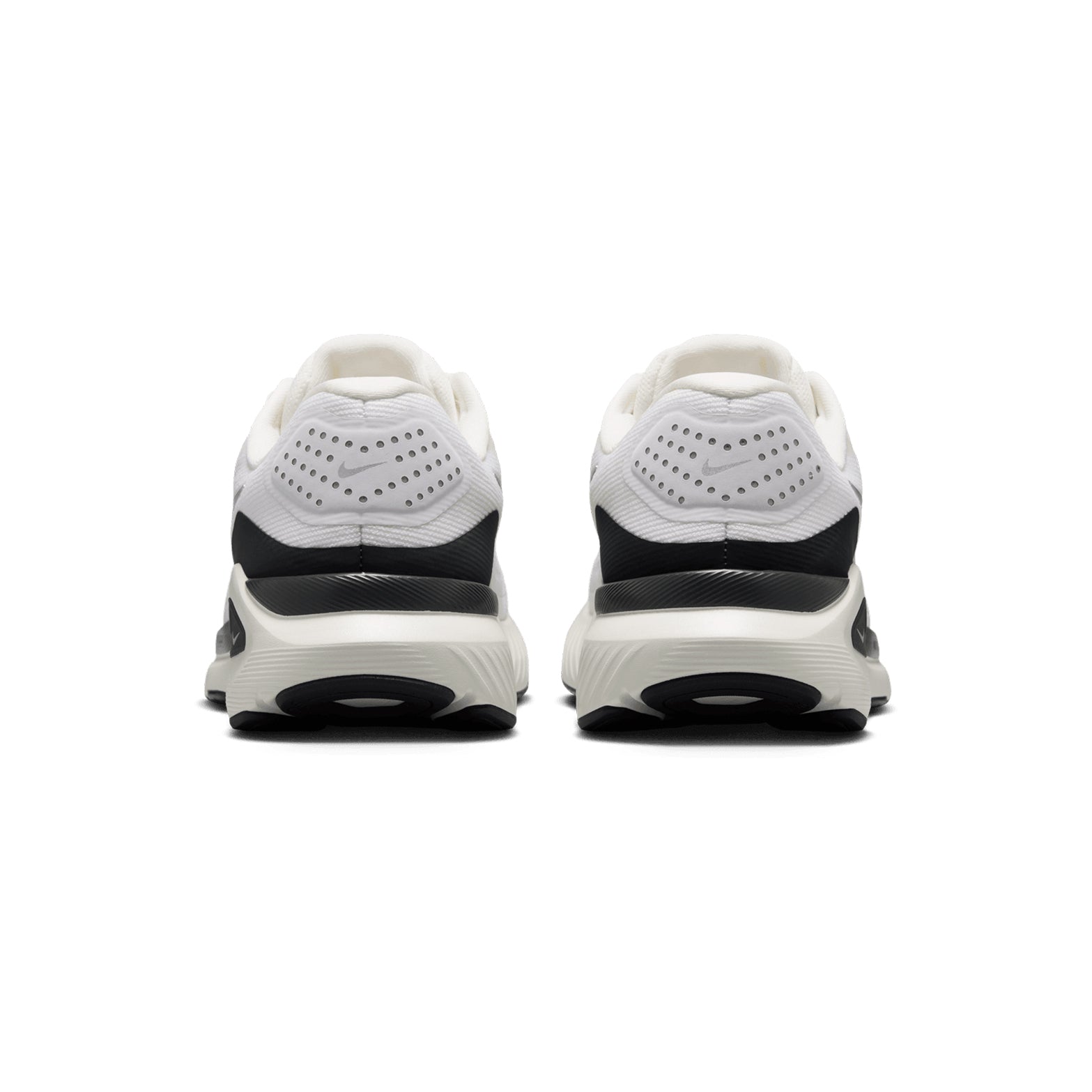 Women's Nike Structure 26 ESS Running Shoes Summit White Anthracite Metallic Silver heel view showing double-stacked ZoomX and ReactX foam with midfoot support system for Nike's most cushioned stability shoe