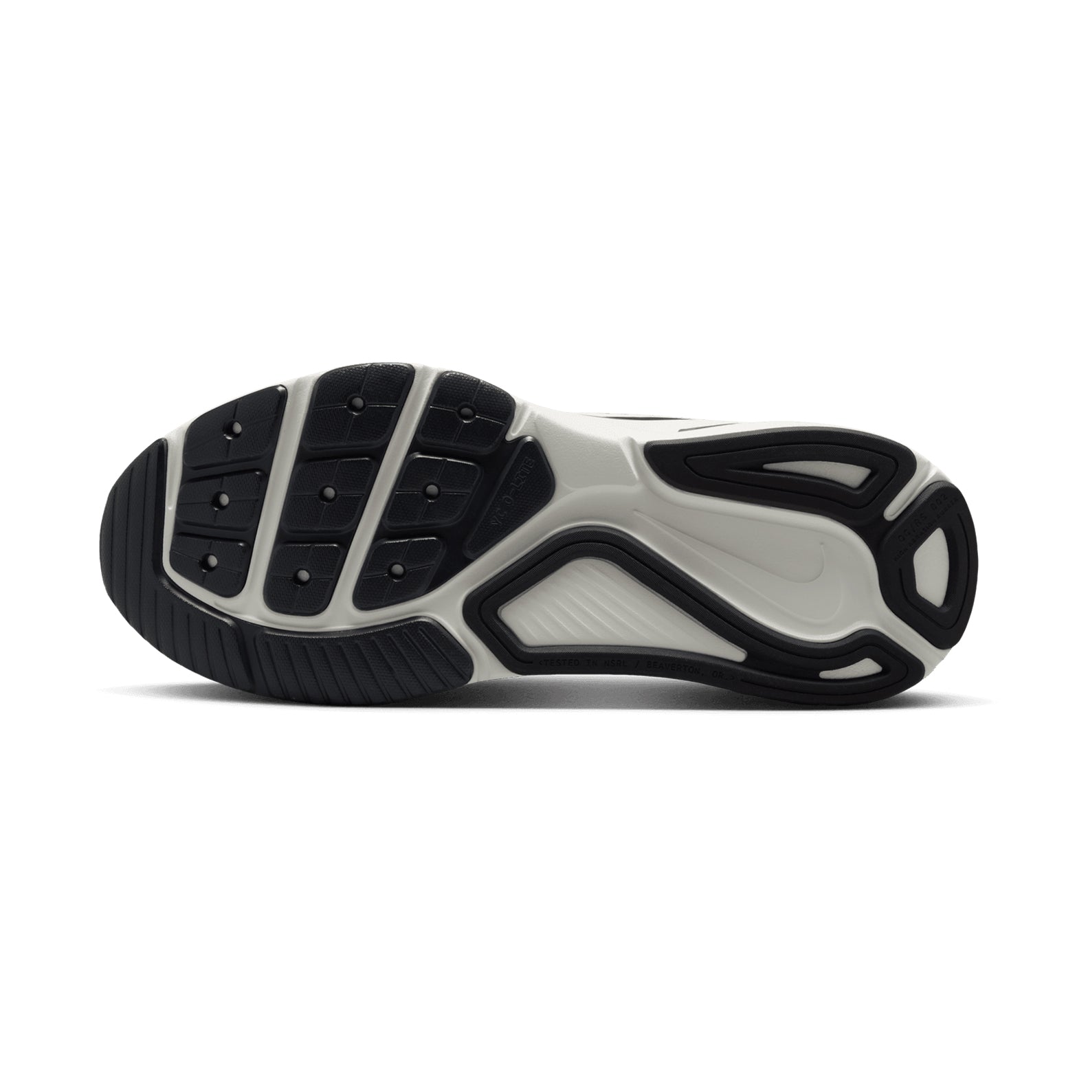 Women's Nike Structure 26 ESS Running Shoes Summit White Anthracite Metallic Silver sole view displaying durable outsole with double-stacked foam platform for stable cushioned road running