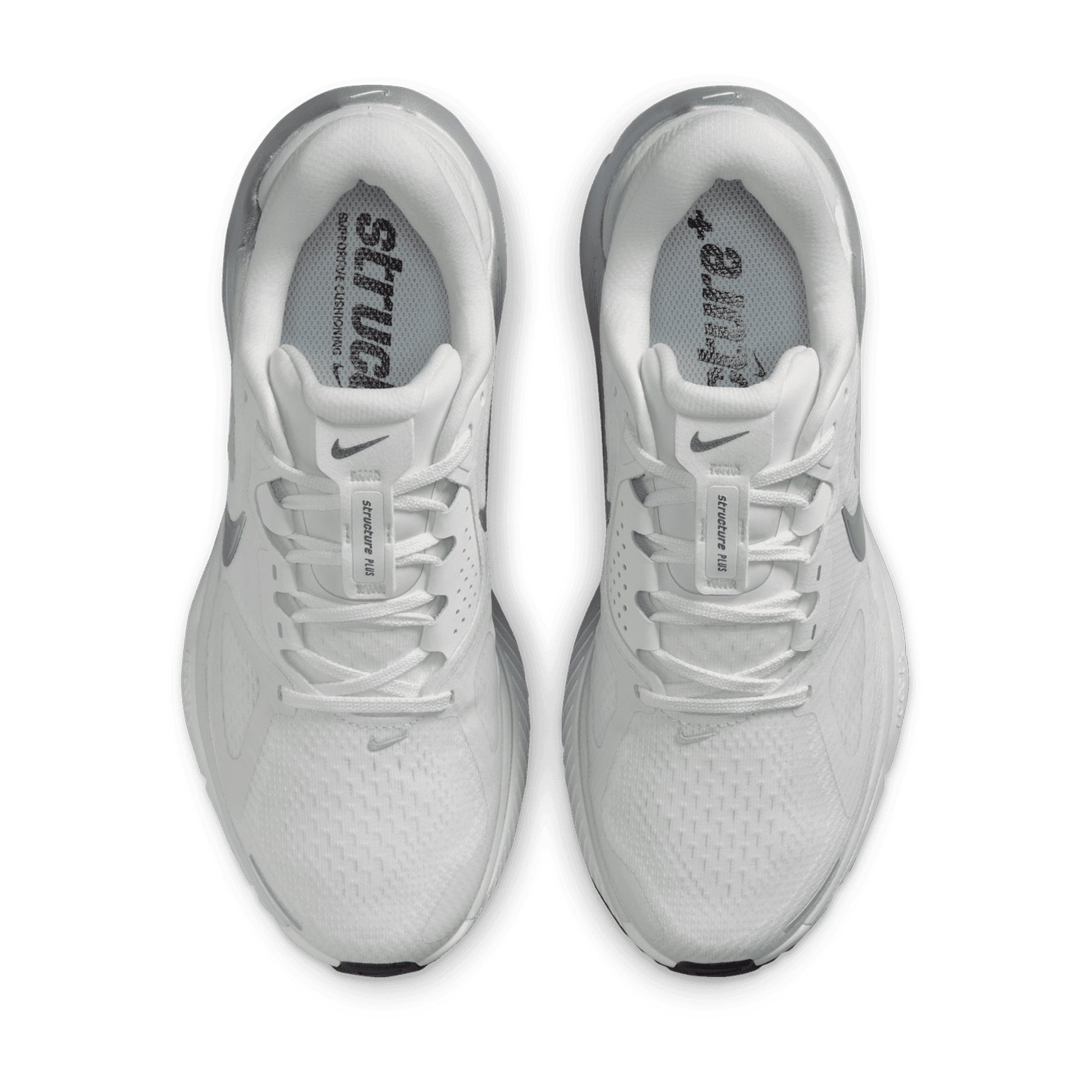 Women's Nike Structure Plus ESS Running Shoes Summit White Photon Dust Metallic Silver top view showing breathable upper construction with stability design for comfortable daily training
