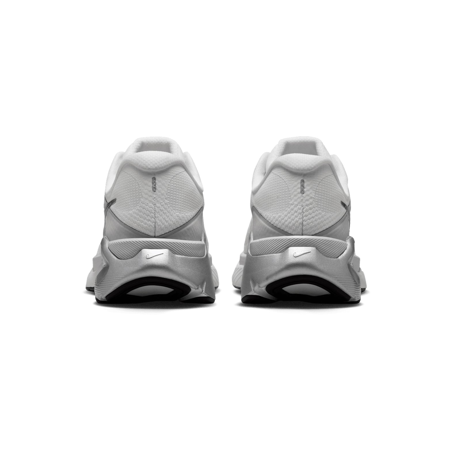 Women's Nike Structure Plus ESS Running Shoes Summit White Photon Dust Metallic Silver heel view showing double-stacked ZoomX and ReactX foam with midfoot support system for Nike's most cushioned stability shoe