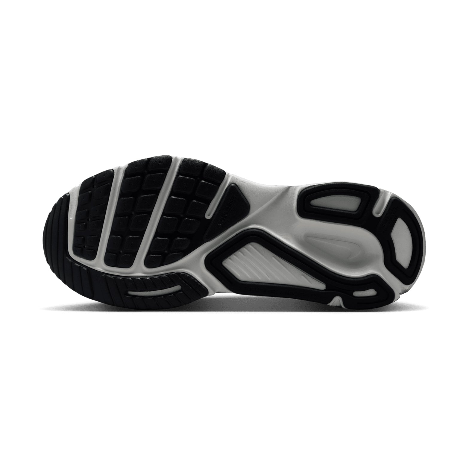 Women's Nike Structure Plus ESS Running Shoes Summit White Photon Dust Metallic Silver sole view displaying durable outsole with double-stacked foam platform for stable cushioned road running